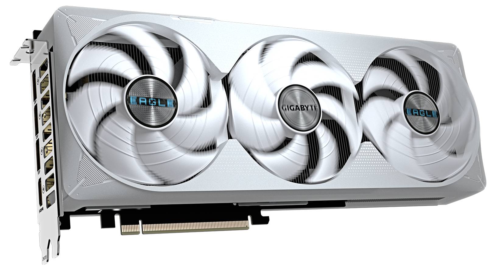 Videokaart van Gigabyte met drie ventilatoren, PCIe-interface en meerdere video-aansluitingen, geschikt voor high-performance toepassingen.