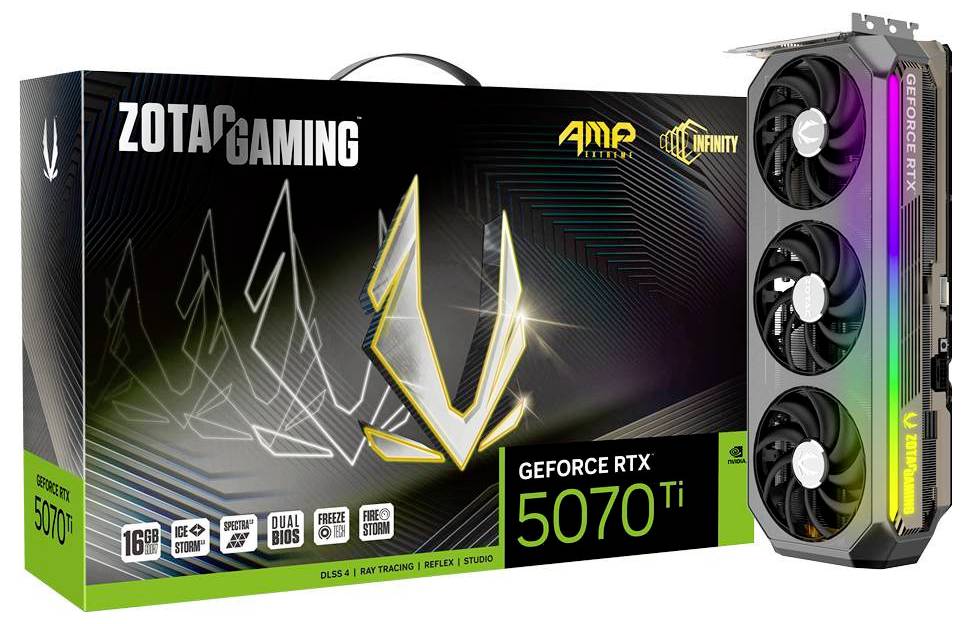 Videokaart 'ZOTAC GAMING GeForce RTX 5070 Ti' in verpakking met Ampere-architectuur, 16 GB GDDR6X-geheugen en RGB-verlichting.