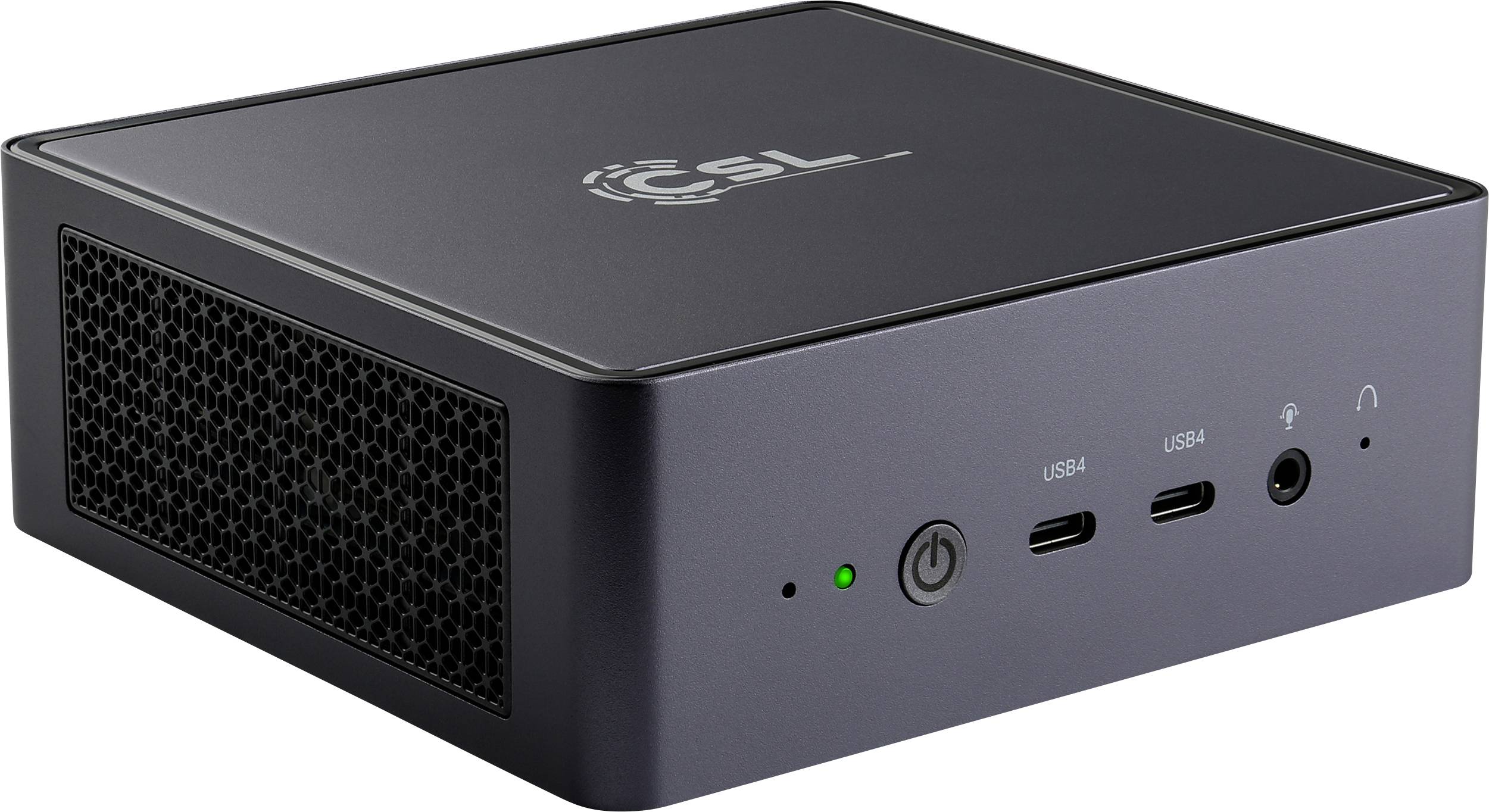 Kleine, zwarte mini-pc met twee USB-poorten, een netschakelaar en een koptelefoonaansluiting. Merklogo bovenop.