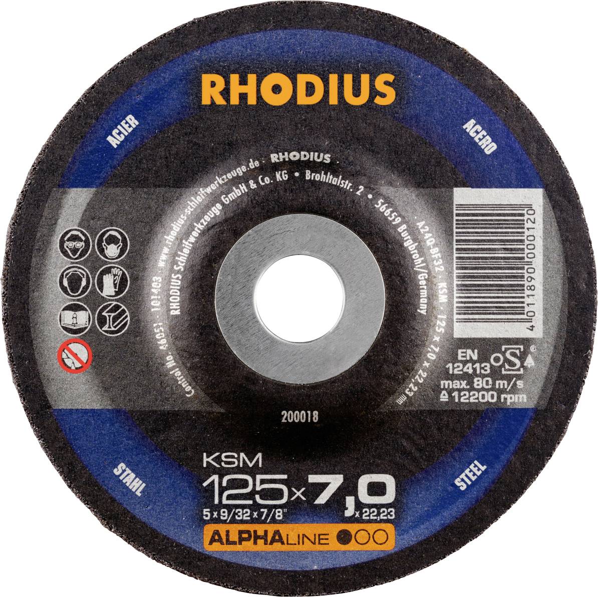 'RHODIUS' slijpschijf, geschikt voor staal en roestvrij staal. Diameter 125 mm, dikte 7 mm. Verdere technische details en veiligheidsinformaties zijn op het etiket vermeld.