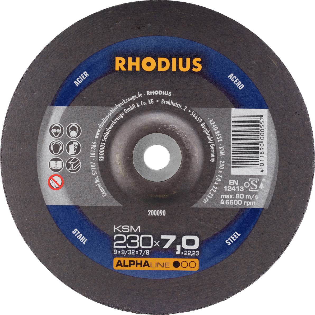 'RHODIUS' doorslijpschijf voor staal, diameter 230 mm, dikte 7 mm, max. 80 m/s, 6600 toeren/min, geschikt voor staal en staal.