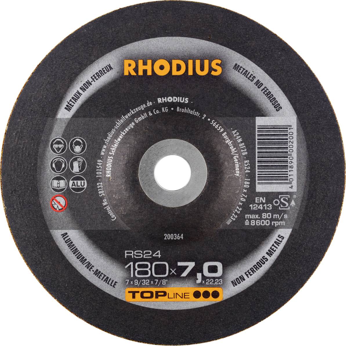 'Slijpschijf van het merk RHODIUS, model RS24, 180x7,0 mm, voor non-ferrometaal, maximale toerental 8.600 omw/min.'