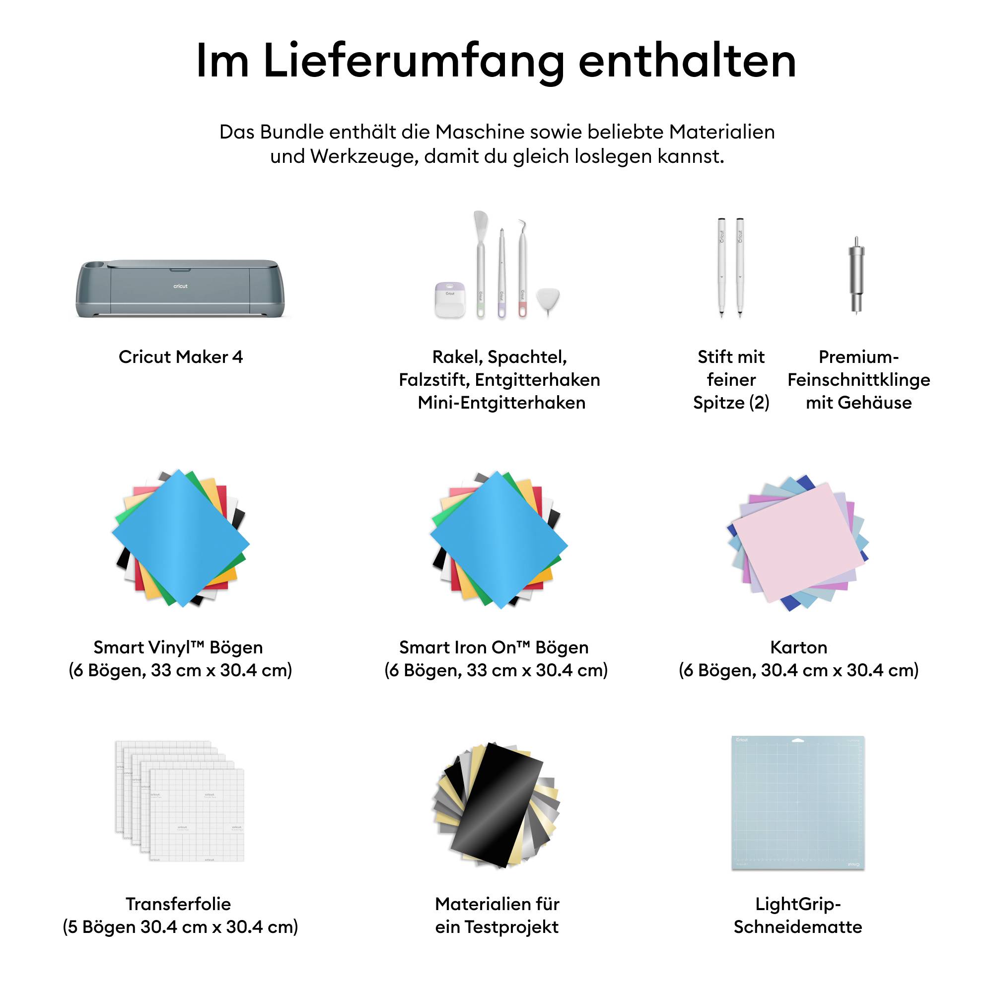 'Inbegrepen bij levering': Afbeelding van knutselmachine, gereedschappen en materialen zoals vinyl- en strijkvellen, karton, stiften en meer.