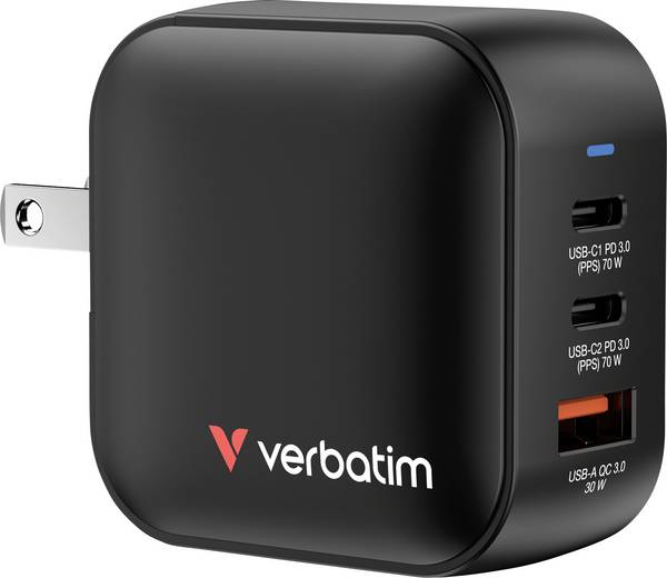Verbatim Mini GaN Charger Reislader 70 W 1x USB-A, 2x USB-C USB PD 3.0, QC 3.0, QC 4+ Zwart  Snellader, GaN, Met adapter voor Europa, Met adapter voor Verenigd Koninkrijk, Met adapter voor Verenigde Staten