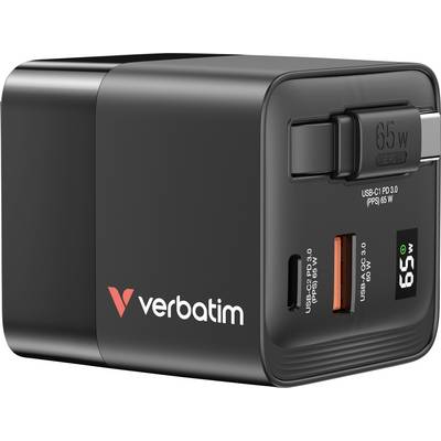 Zwart Verbatim-laadstation met twee USB-poorten en 65W-vermogen. Geschikt voor snel opladen van apparaten.