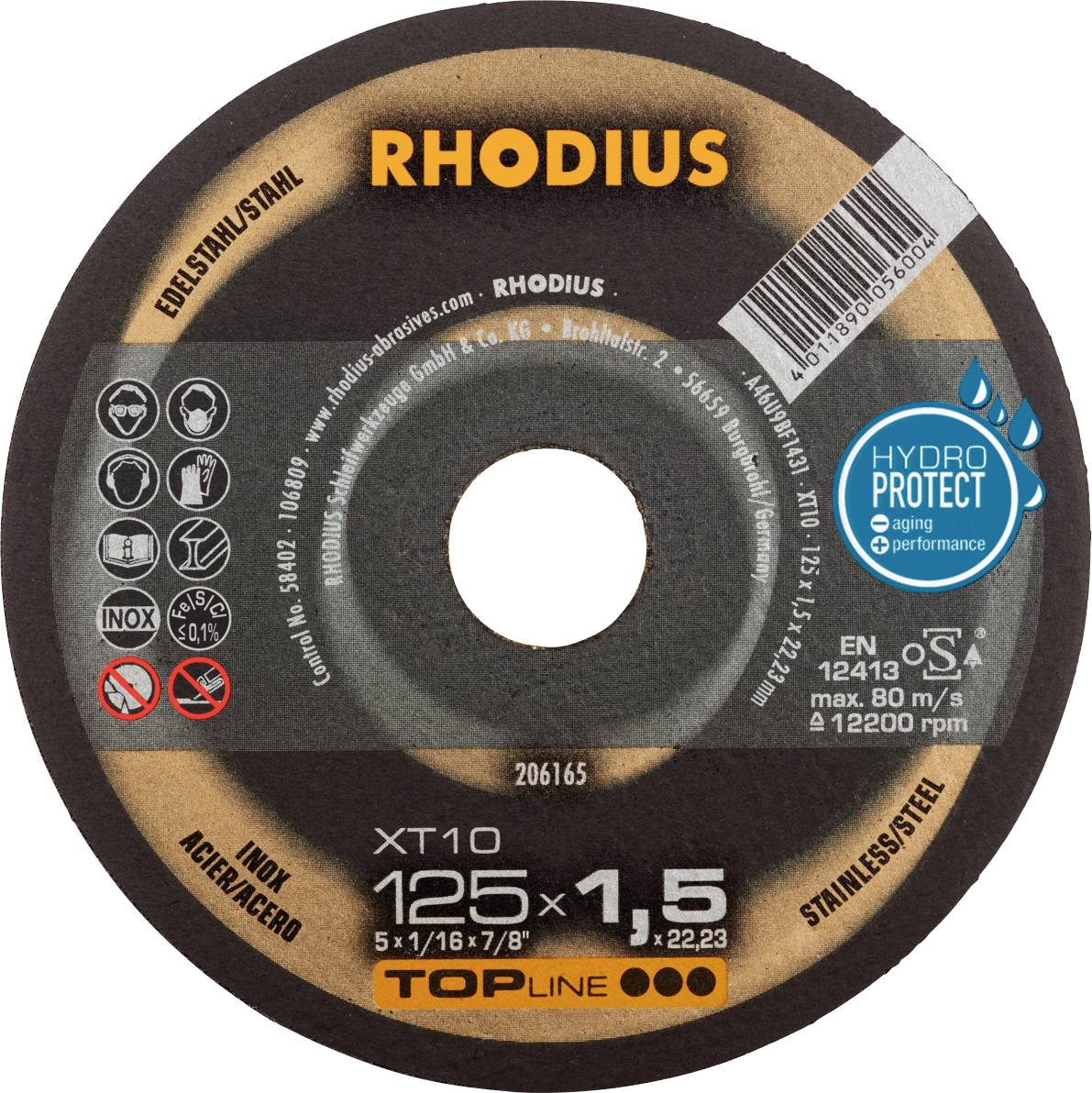 Een Rhodius slijpschijf met 125 mm diameter en 1,5 mm dikte, geschikt voor roestvrij staal.