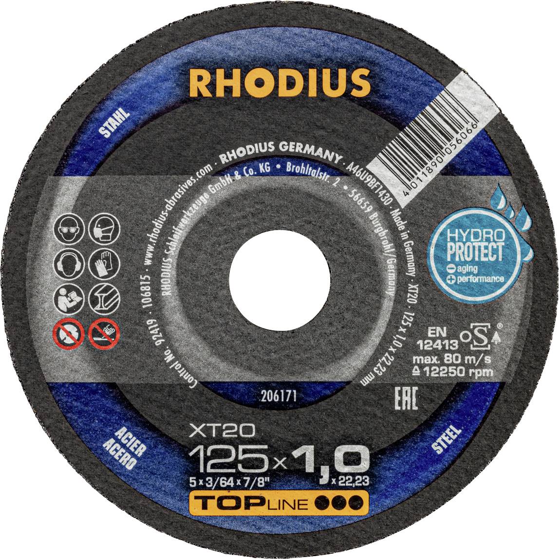'RHODIUS XT20 doorslijpschijf voor staal, diameter 125 mm, dikte 1,0 mm, maximale toerental 12.250 tpm.'