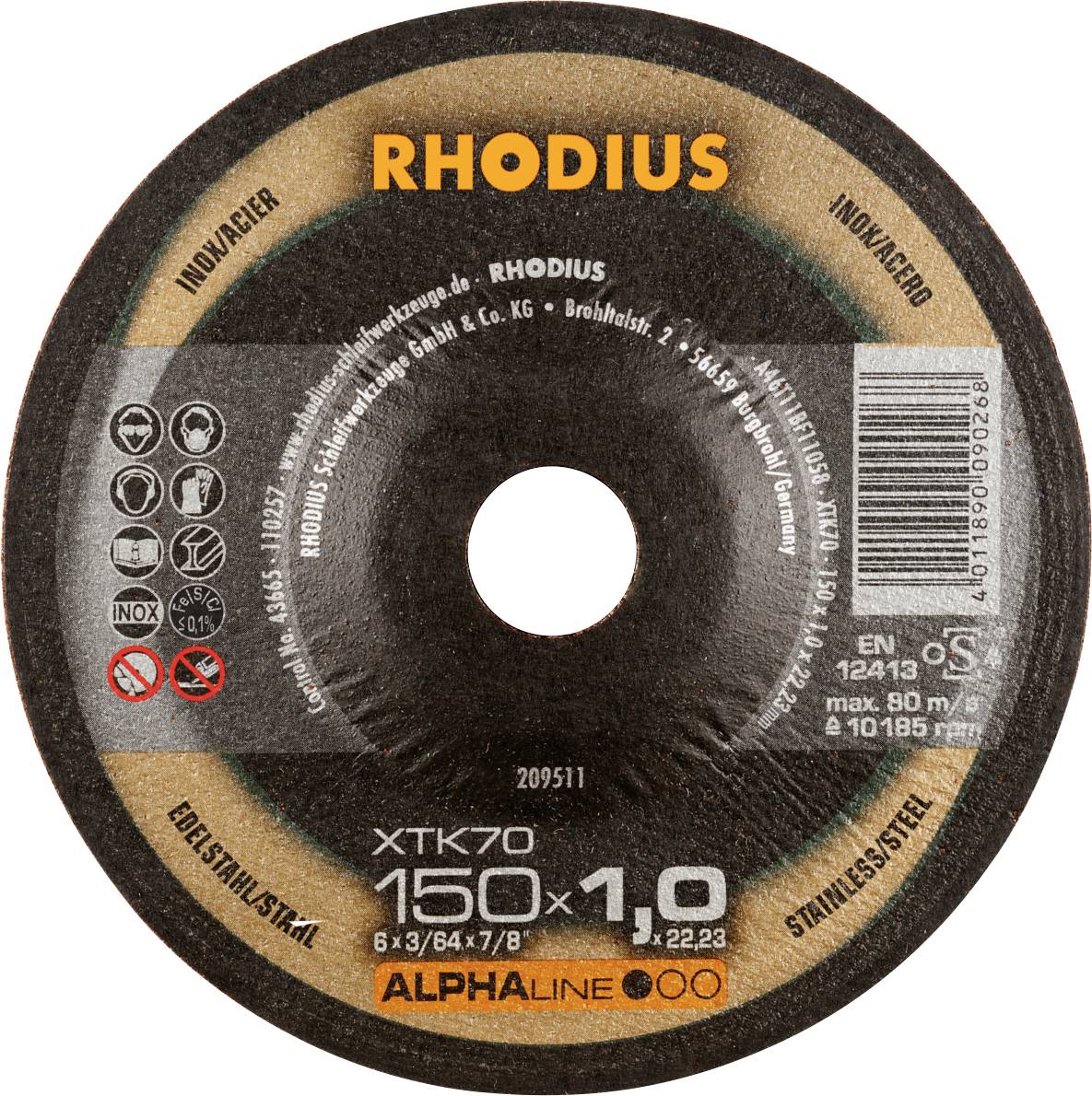 'RHODIUS XTK70' doorslijpschijf met 150 mm diameter voor roestvrij staal. Markeringen: 'Inox', 'EN 12413', 'max. 80 m/s', 'Gehoorbescherming dragen'.