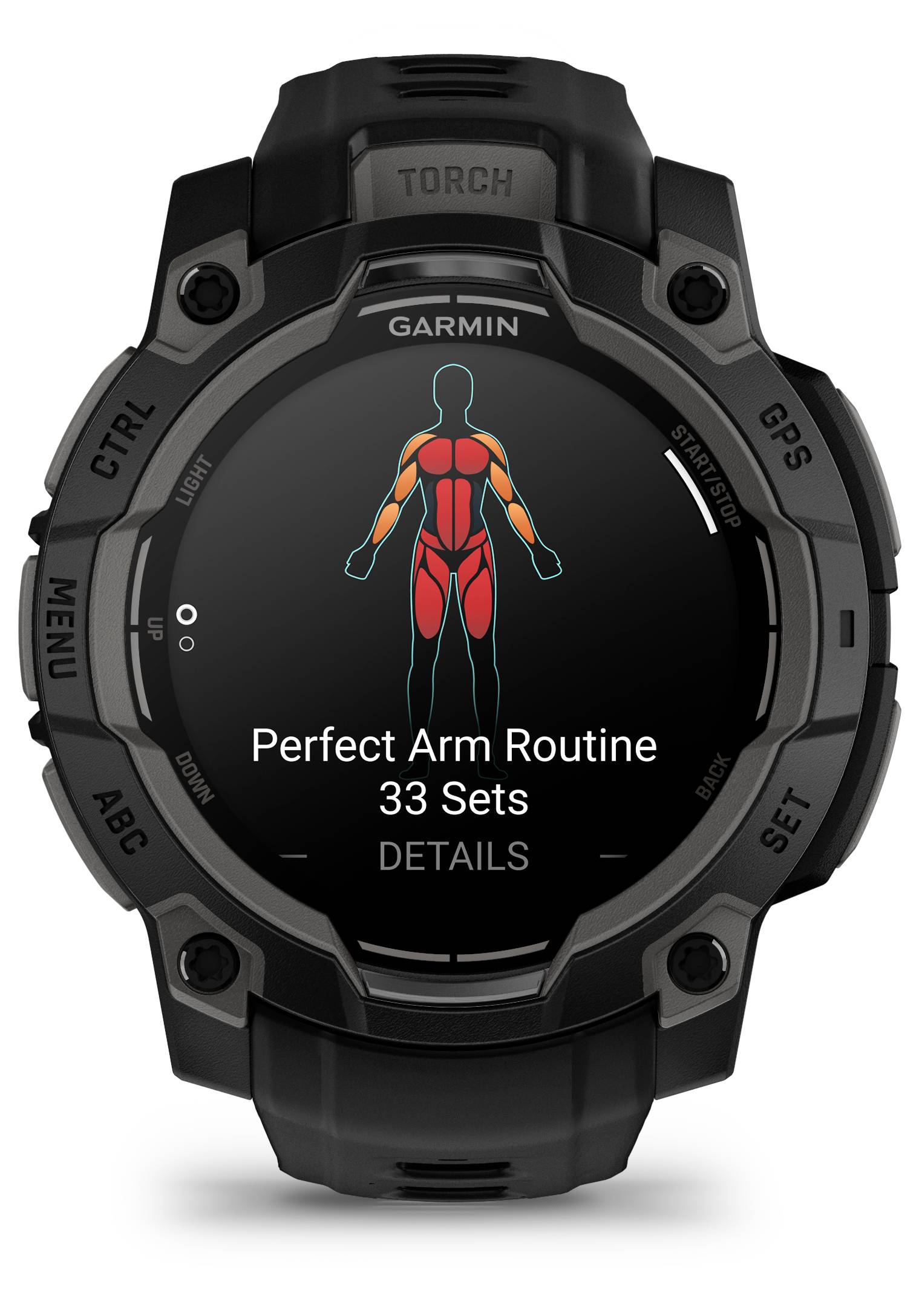 Zwarte sporthorloge toont een fitnessprogramma met de tekst 'Perfect Arm Routine 33 Sets' en een gestileerd lichaamsdiagram.