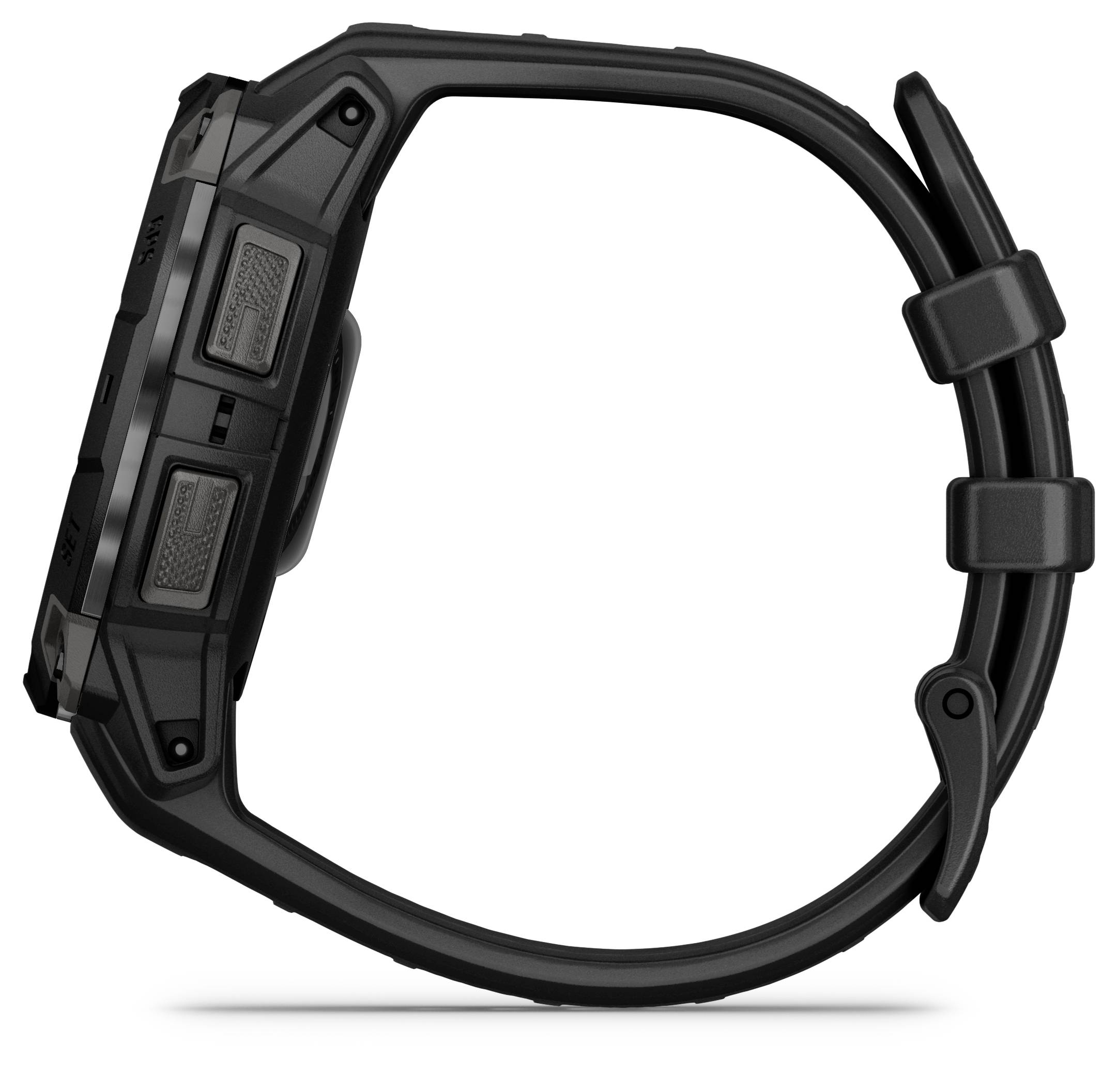 Een zwart horloge met een robuuste behuizing en meerdere knoppen aan de zijkant, schuin weergegeven vanuit zijaanzicht.