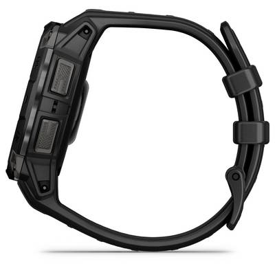 Een zwart horloge met een robuuste behuizing en meerdere knoppen aan de zijkant, schuin weergegeven vanuit zijaanzicht.