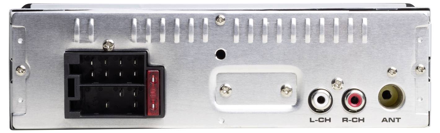 Achterkant van een autoradio met aansluitingen: L-CH, R-CH, Antenne en een zwarte multi-connector links.