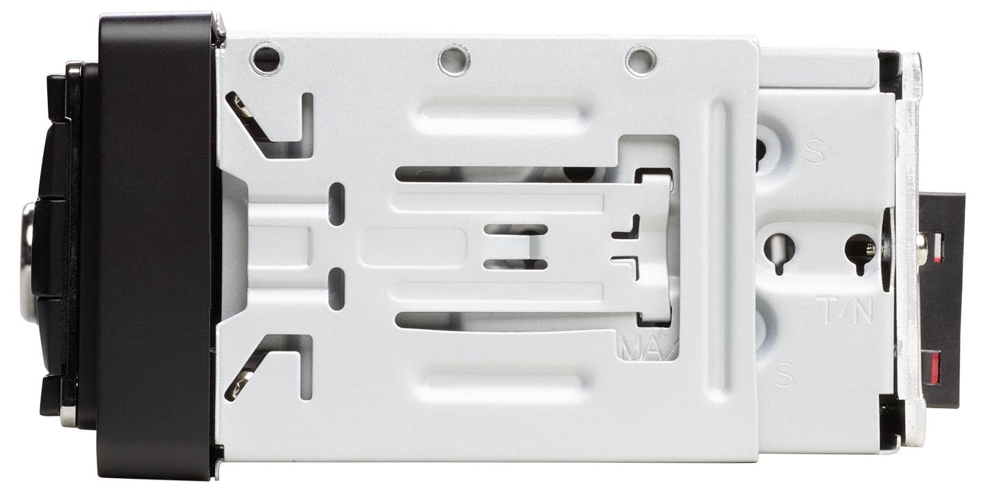 Een schijflade, mogelijk een hot-swap harde schijf frame voor servers. Op de metalen constructie bevinden zich sleuven en schroefgaten.