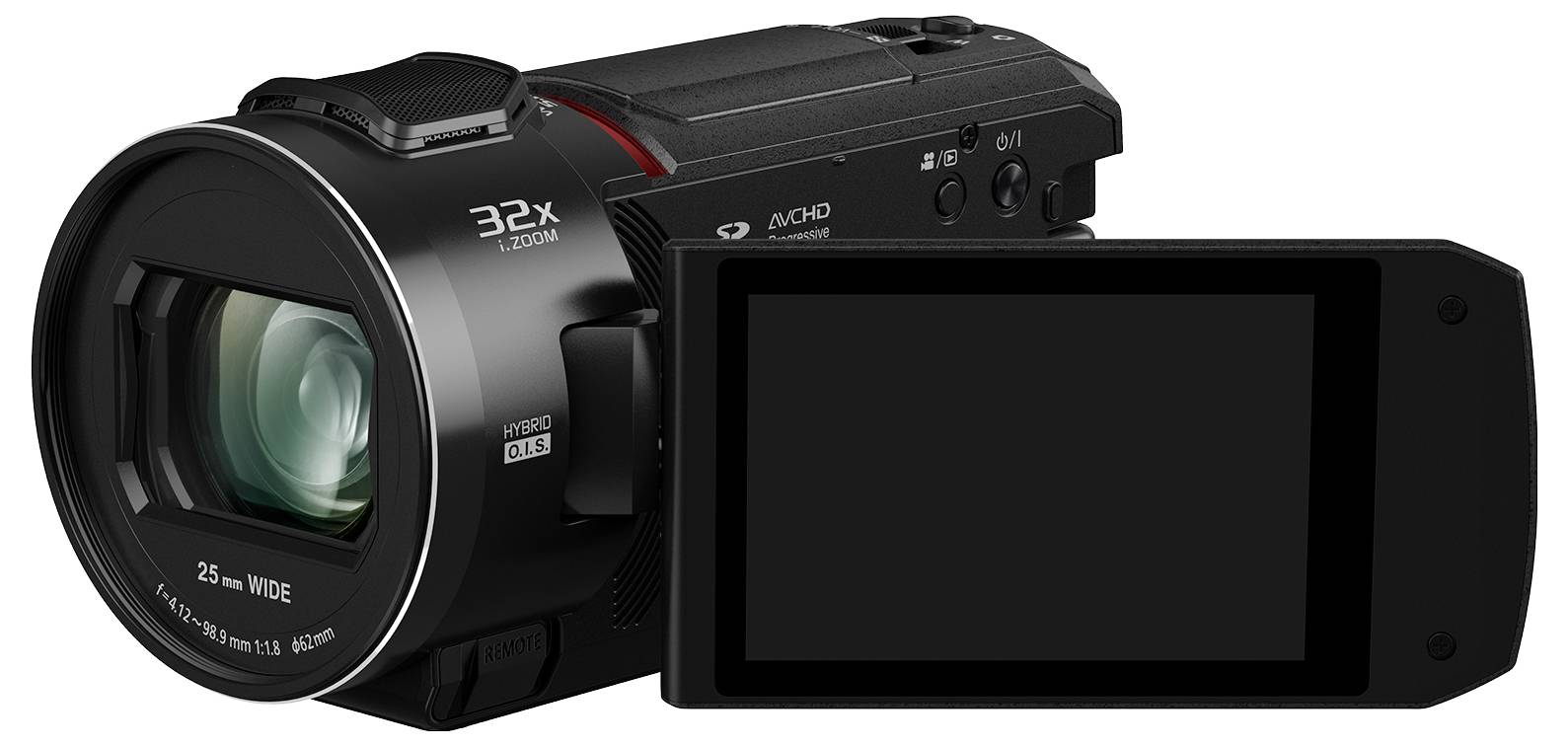 Digitale camera met uitklapbaar scherm en 32x zoomlens, zijaanzicht.