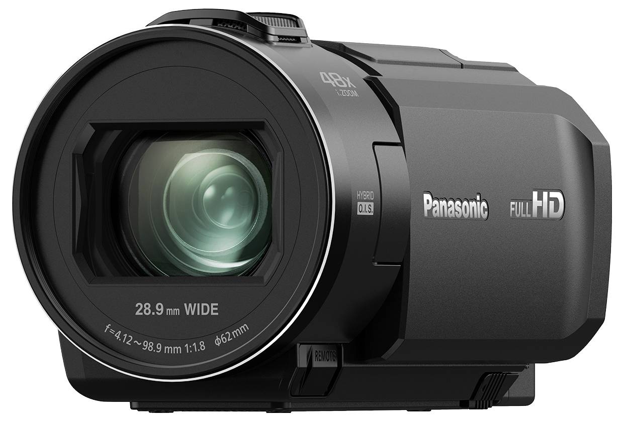 Zwarte Full-HD-videocamera met 48x zoomlens, merk zichtbaar aan de linkerkant. Geschikt voor hoogwaardige video-opnamen.