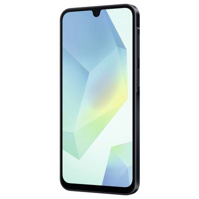 Smartphone met een zwarte behuizing en een scherm dat een abstract, lichtblauw geometrisch patroon vertoont.