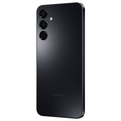 Zwart smartphone met drie camera's aan de achterkant. Verlichte LED-flitser ernaast. Gladde, minimalistische oppervlakte.