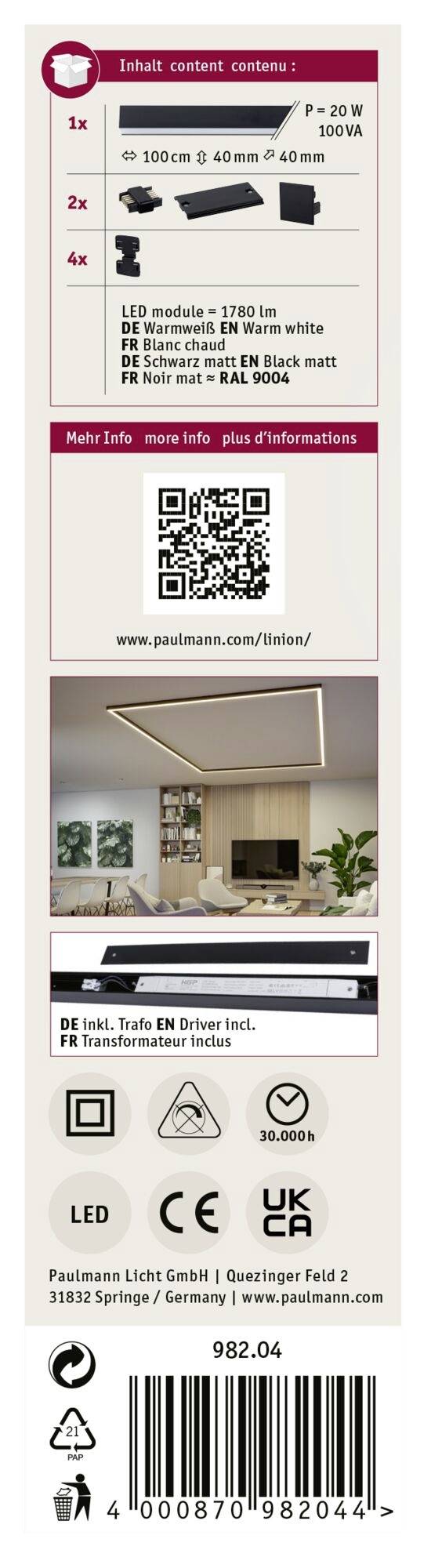 Achterkant van de verpakking met LED-verlichtingsdetails: 1x Lamp, 2x Bevestigingsbeugel, 4x Pluggen, QR-code voor meer informatie, afgebeelde lamp.