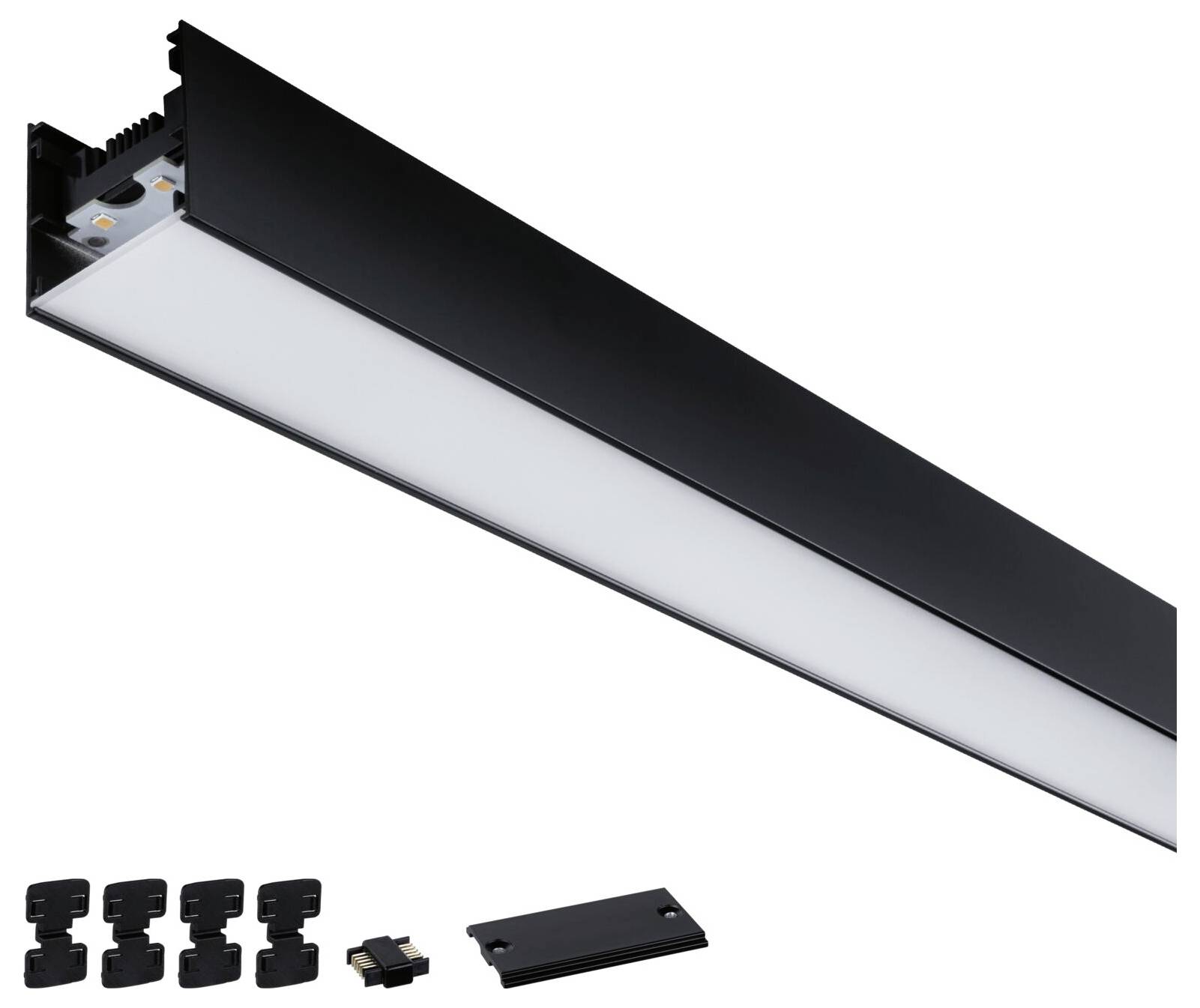 Zwarte LED-lamp met witte diffuser, rechthoekig ontwerp. Accessoires onderaan weergegeven, passend bij de lamp.