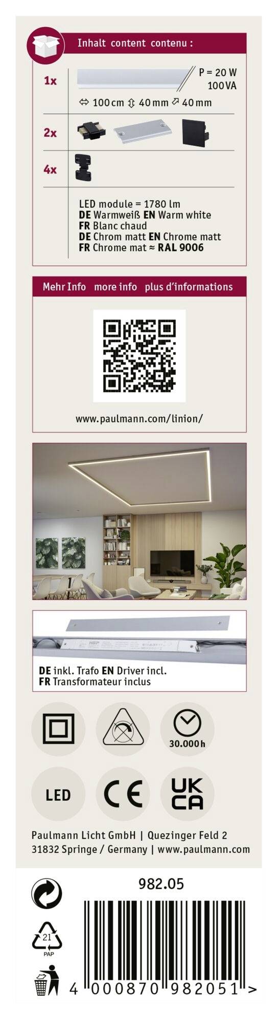 Etiket voor LED-armatuur: Bevat 1 module, plafondhouder; 2700 lm, 29 W, kleurtemperatuur 3000 K, incl. transformator, link voor meer informatie.