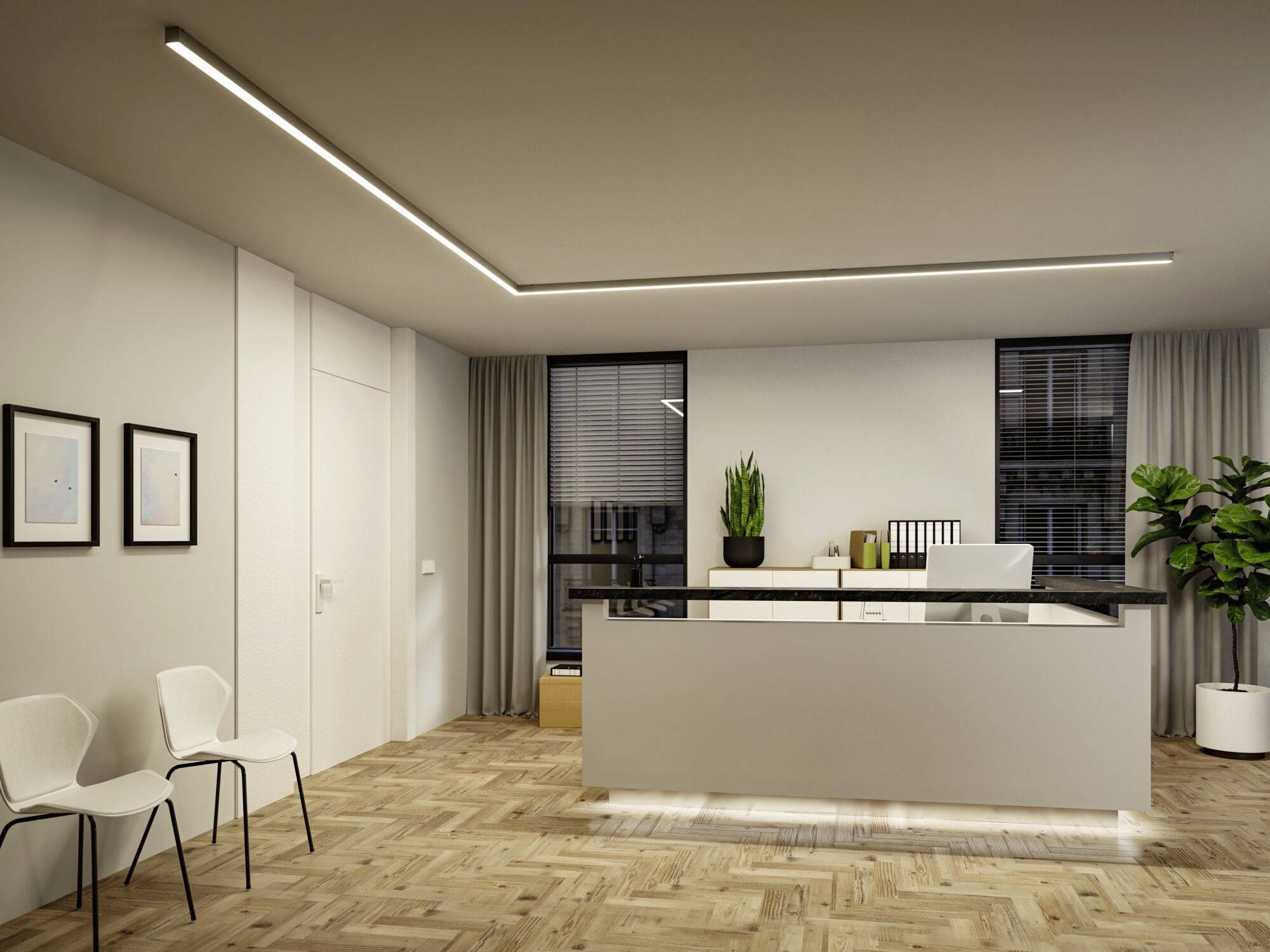 Moderne ontvangsthal met een balie, twee planten, twee witte stoelen langs de muur en een lichte houten vloer.