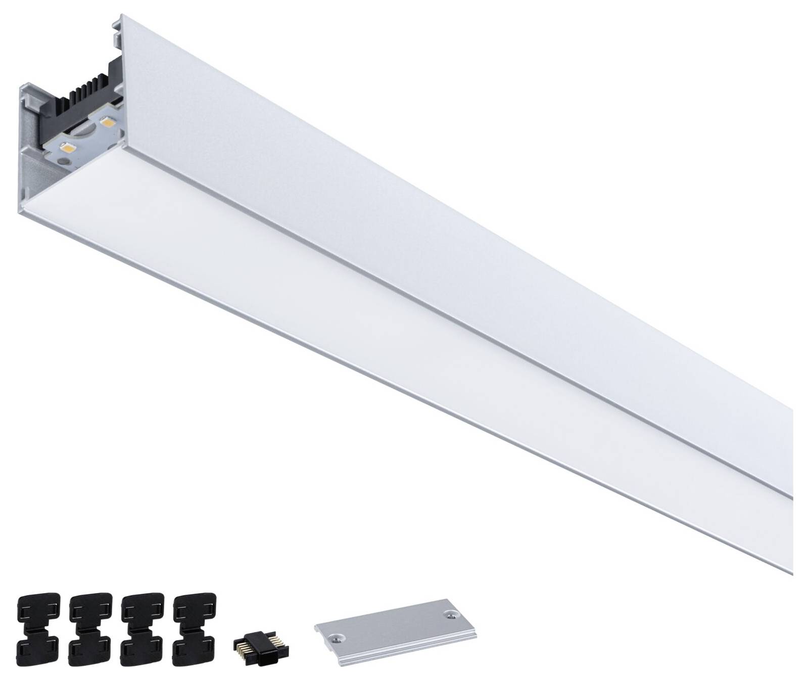 Een L-vormig LED-profiel met afdekking en toebehoren, waaronder vijf bevestigingsclips, een eindkap en een kleine verbinder.