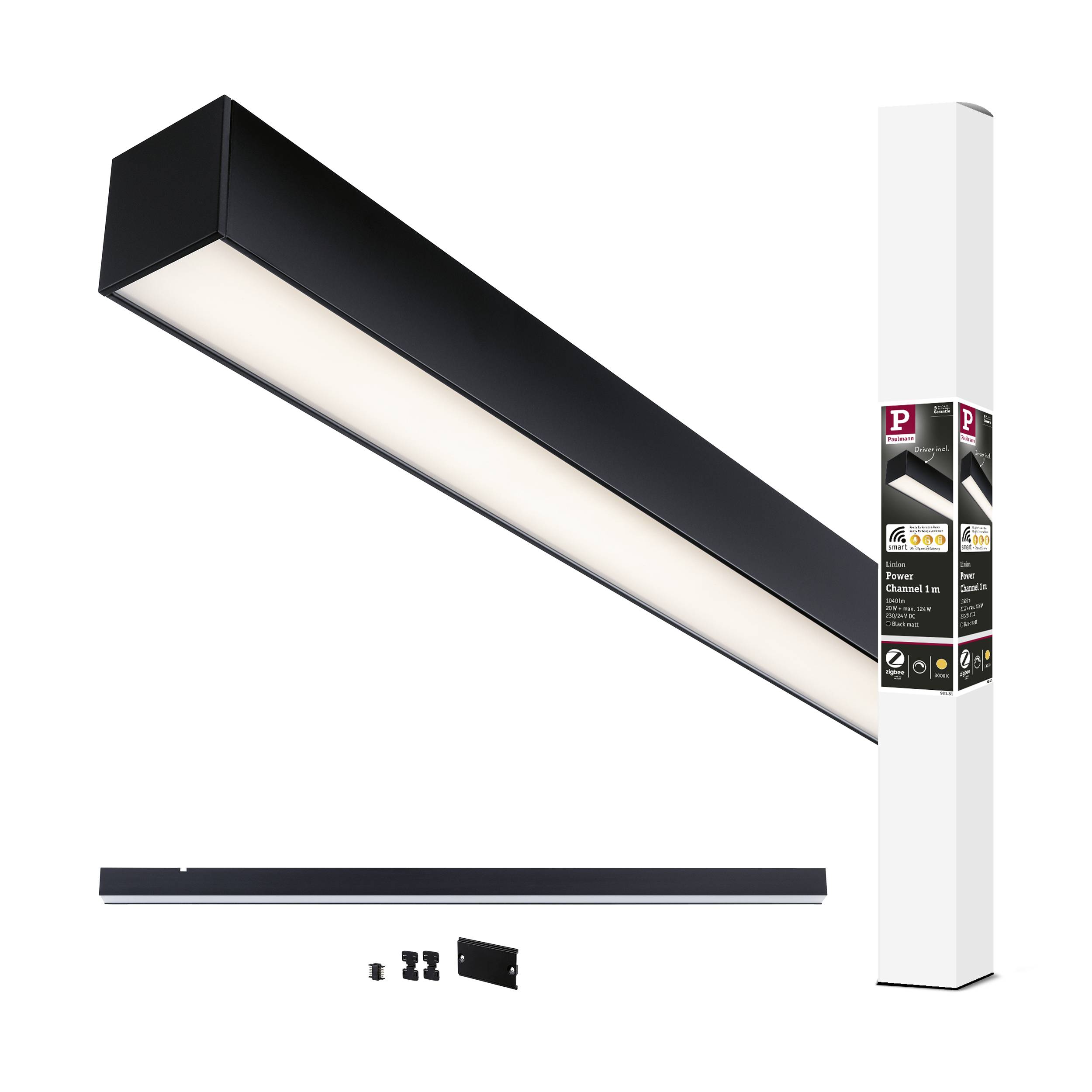 Een zwarte LED-lichtbalk, schuin geplaatst, naast een verpakking. Bevat montagemateriaal. Gebruikt voor verlichtingsdoeleinden.