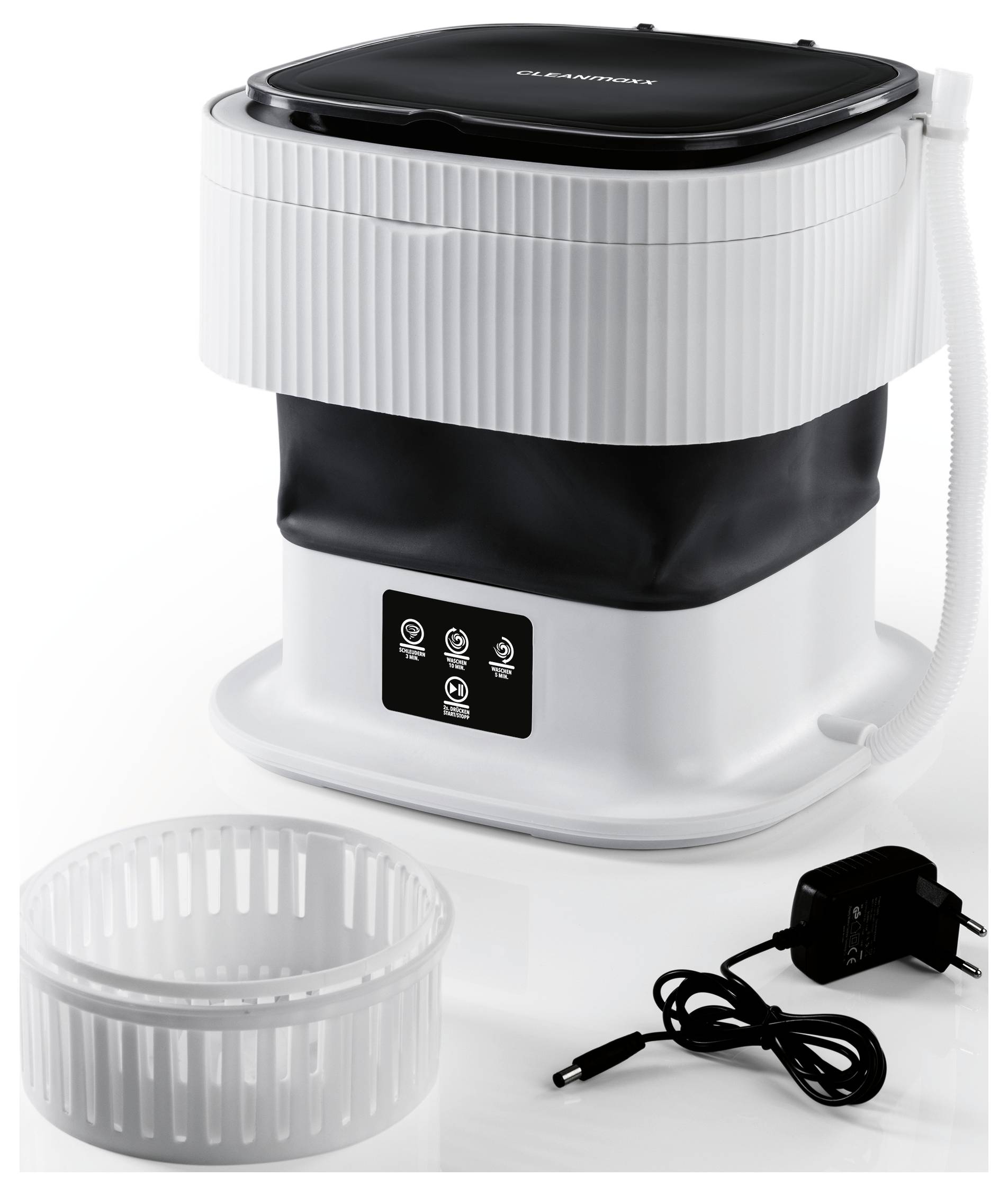 Een draagbare mini-wasmachine met afneembare afvoerslang, draaiknoppen voor bediening en stroomkabel, ontworpen voor efficiëntie en gebruiksgemak.