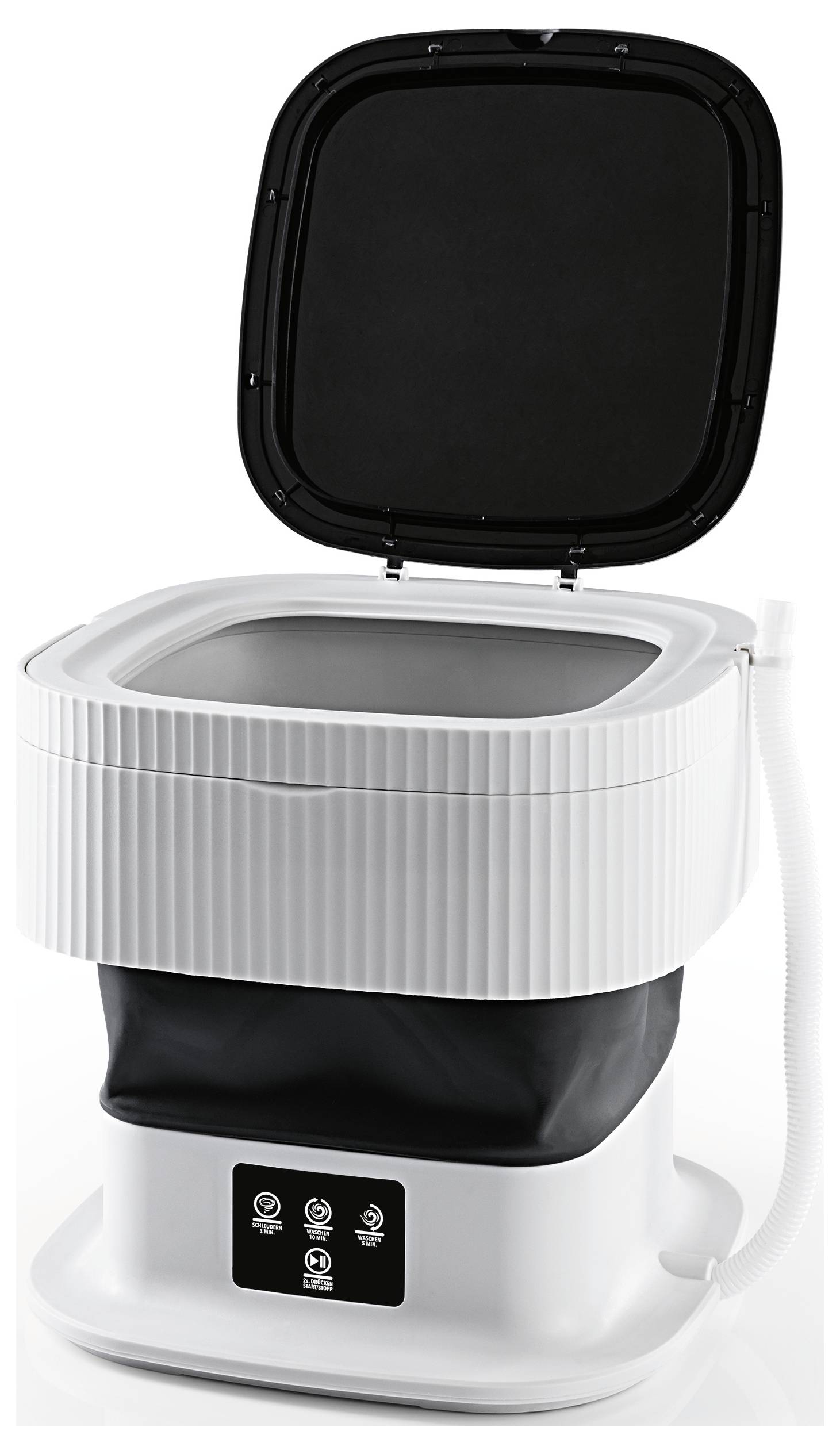 Draagbare mini-wasmachine met open deksel, wit design, bedieningspaneel aan de voorkant, geschikt voor compacte ruimtes.