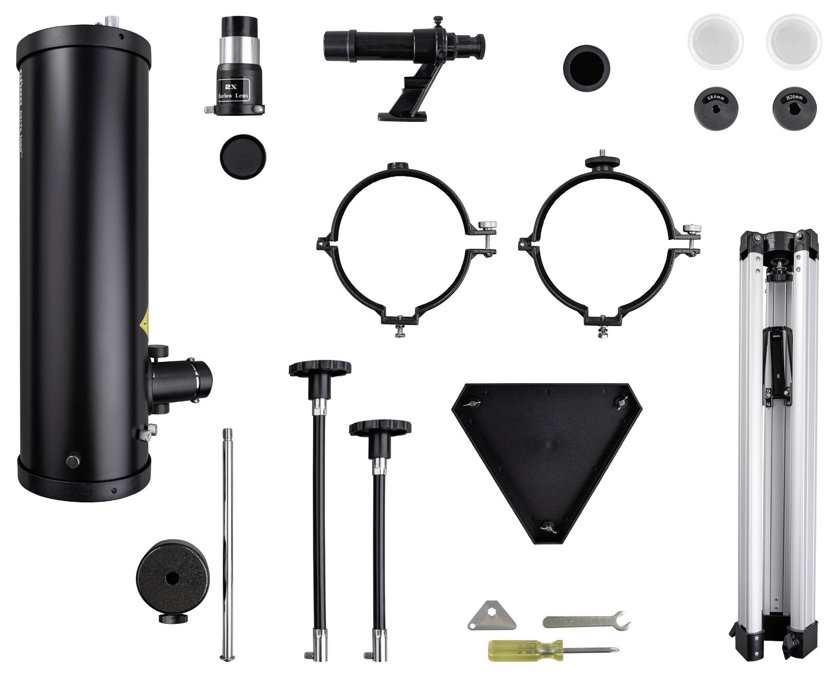Onderdelen set voor telescoopmontage, inclusief tubussen, oculairs, zoeker, bevestigingen, statiefdelen, statiefplaat en toebehoren voor montage.