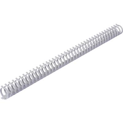 Een witte plastic bindkam, horizontaal gepositioneerd, gebruikt voor het inbinden van papieren documenten.