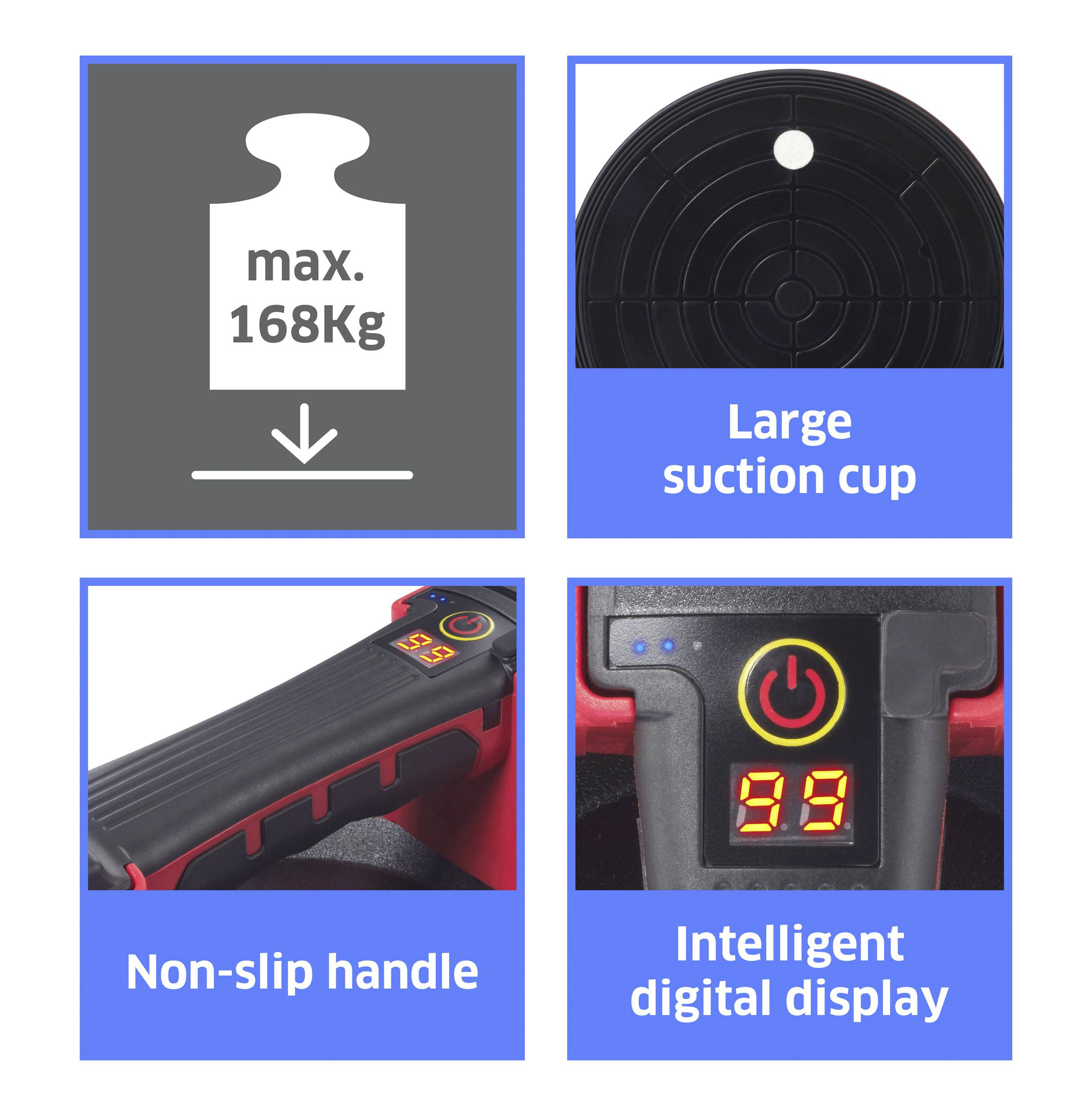 'Vacuümheffer: max. 168 kg draagvermogen, grote zuigschijf, slipvrije handgreep, intelligent digitaal display met aan/uit-knop.'