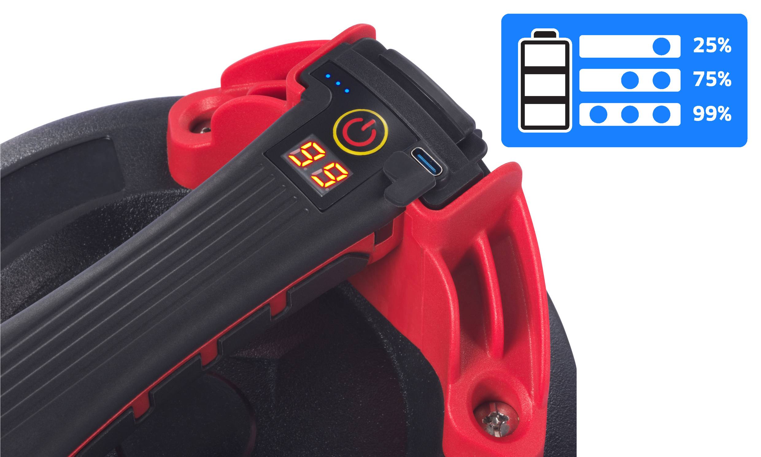 Een oplader met digitale weergave toont 99% laadstatus. Naast de oplader een symbool met een batterij-icoon en procentschalen voor 25%, 75%, 99%.