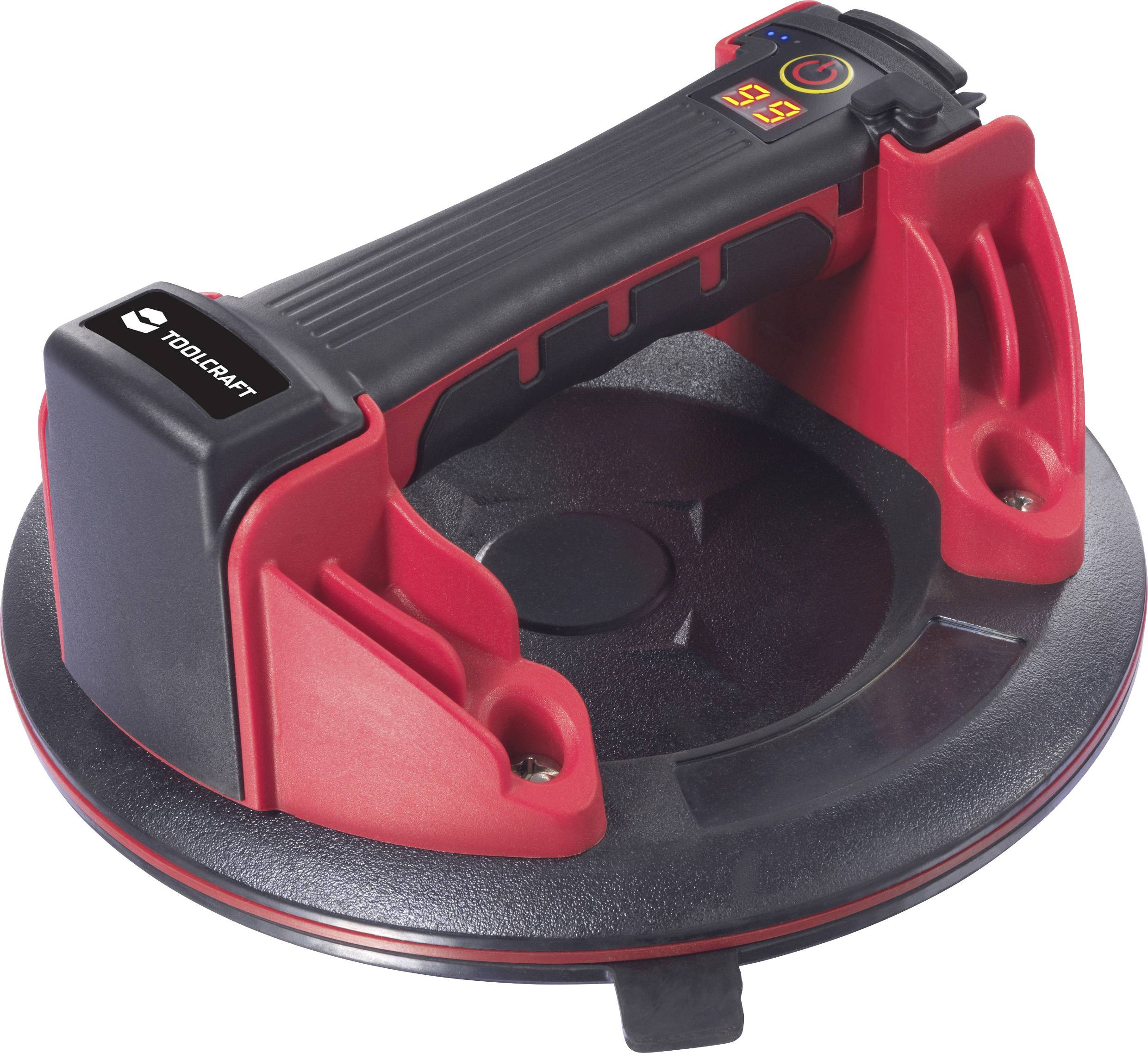 Een rode zuighefboom met een ergonomische handgreep en digitale indicatoren aan de bovenkant. Geschikt voor het optillen van zware, gladde oppervlakken.