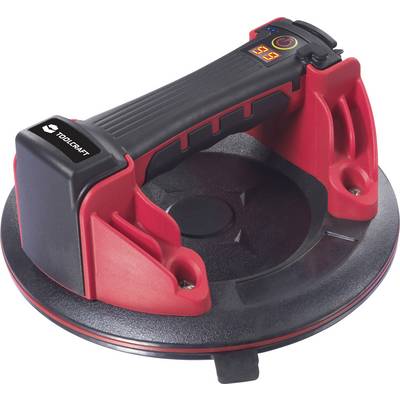 Een rode zuighefboom met een ergonomische handgreep en digitale indicatoren aan de bovenkant. Geschikt voor het optillen van zware, gladde oppervlakken.