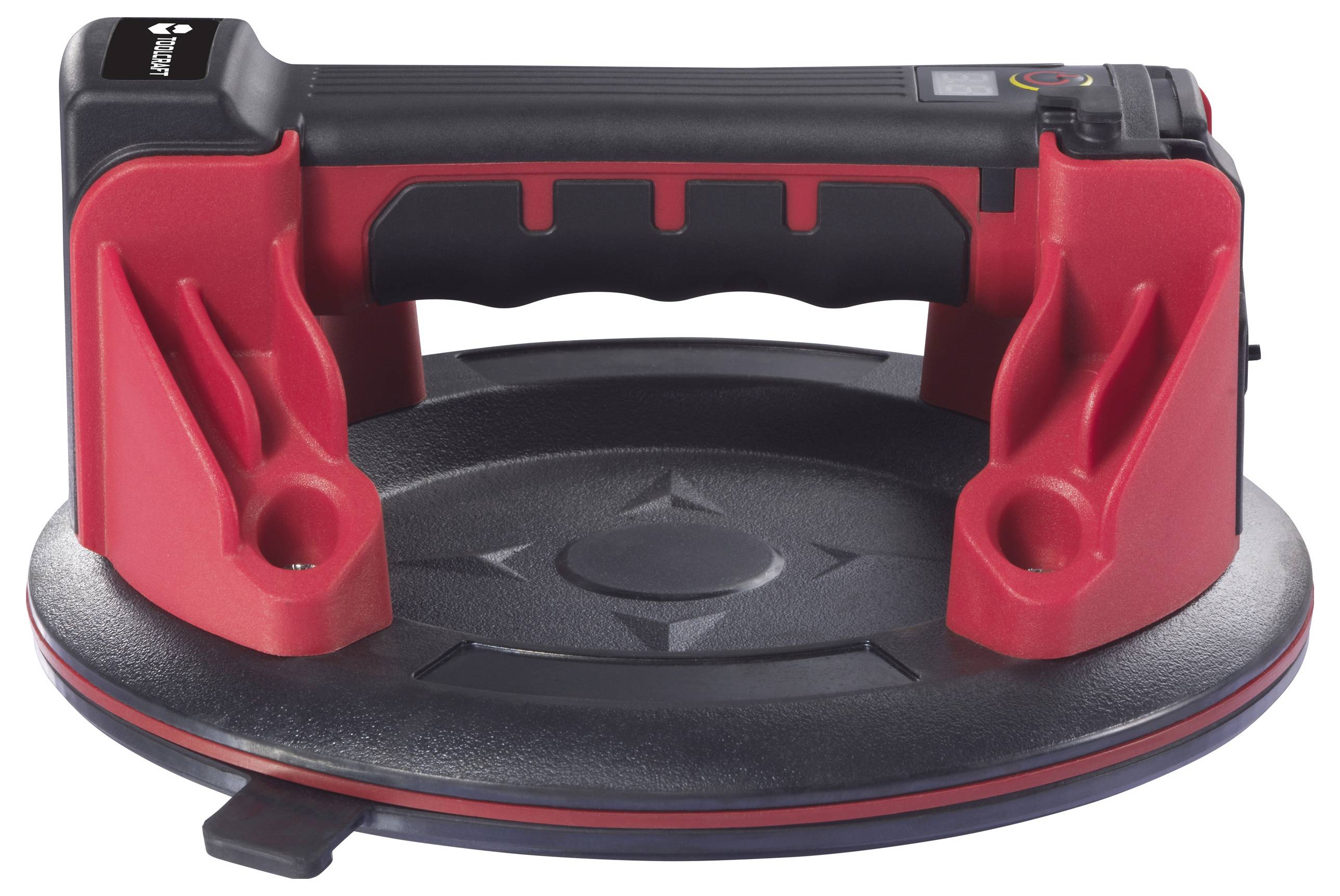 Een rode en zwarte vacuüm zuignap met een ergonomische handgreep, gebruikt voor het optillen van glas of gladde oppervlakken.