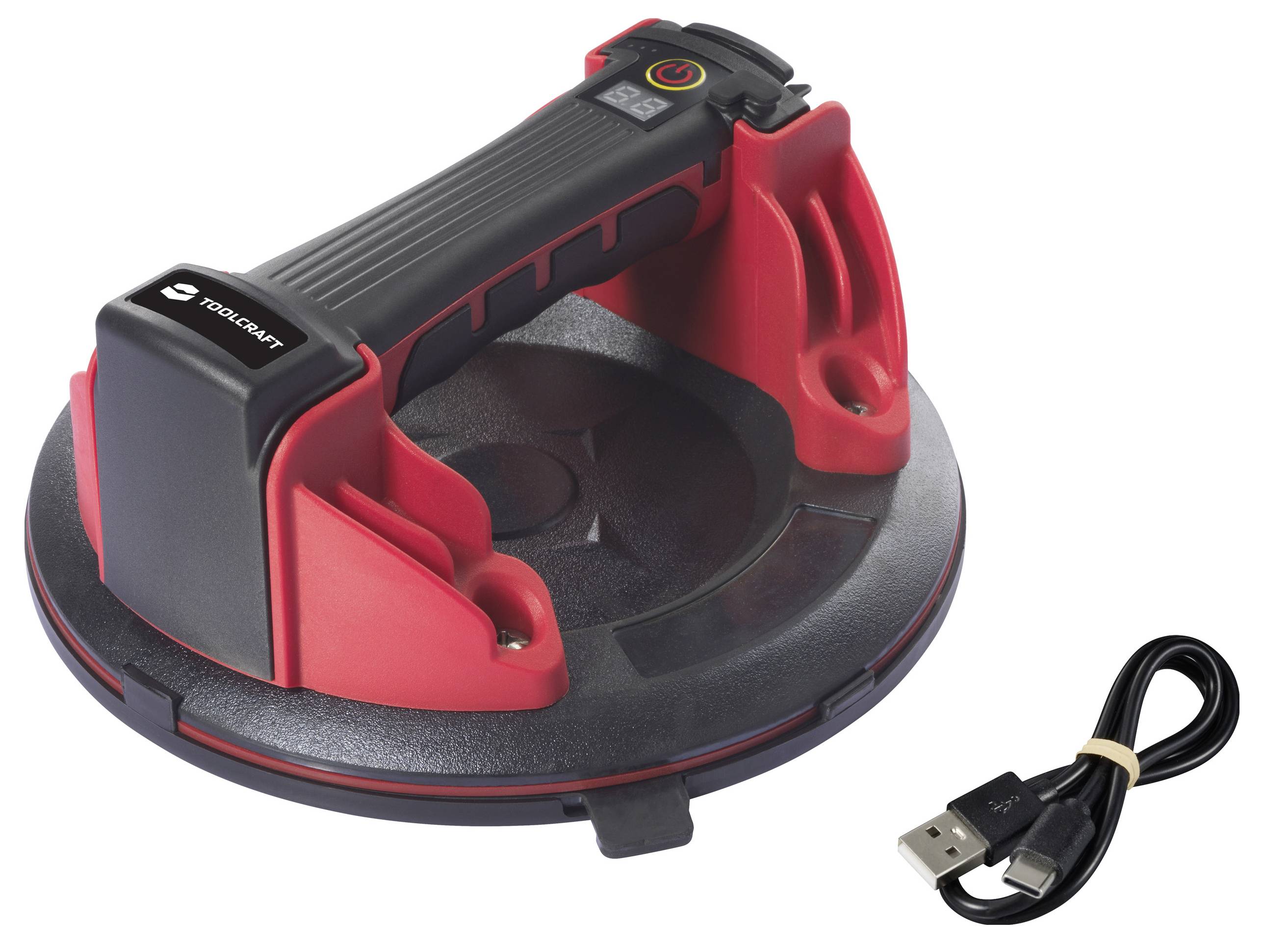 Oplaadbare, draadloze zuignap-lifter in zwart en rood design, inclusief USB-oplaadkabel. Ideaal voor het tillen van glazen.