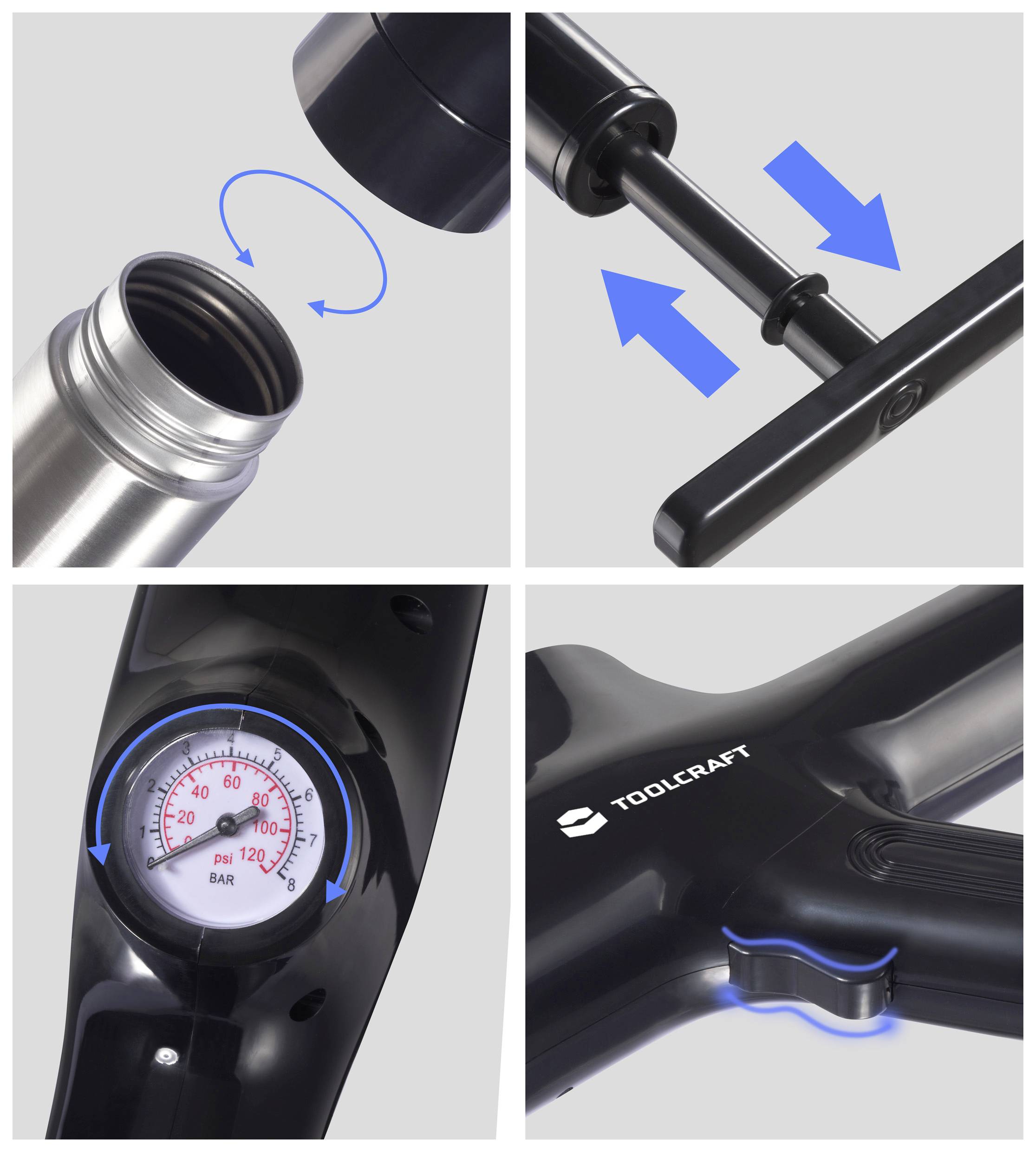 Vier afbeeldingen van een draagbare compressor: 1) Schroefafsluiting openen. 2) Handgreep trekken. 3) Drukmeter tot 10 BAR. 4) Merkenlogo TOOLCRAFT.