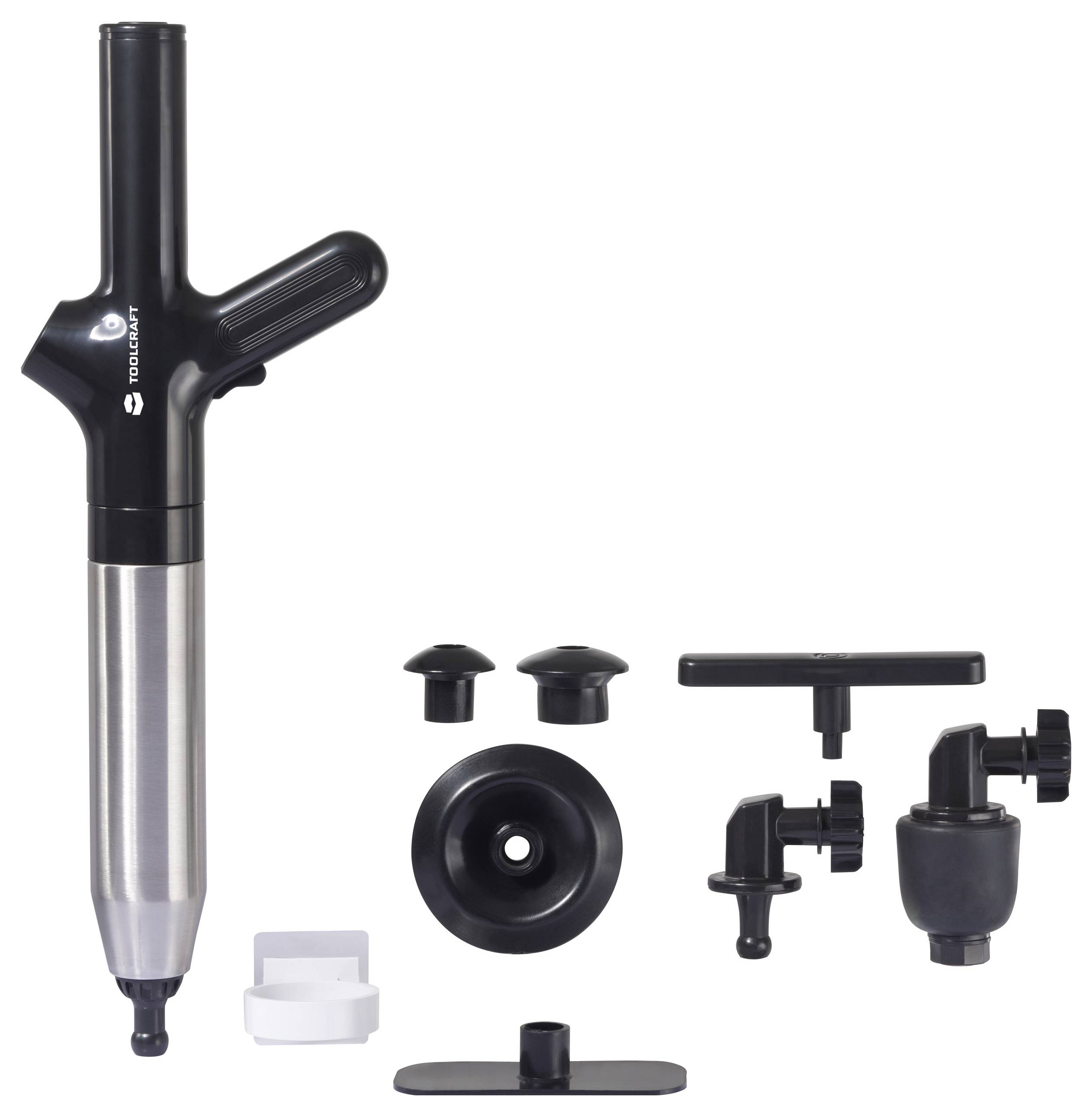 Een multifunctioneel gereedschap met verschillende opzetstukken en mondstukken, geschikt voor diverse industriële toepassingen of onderhoudswerkzaamheden.