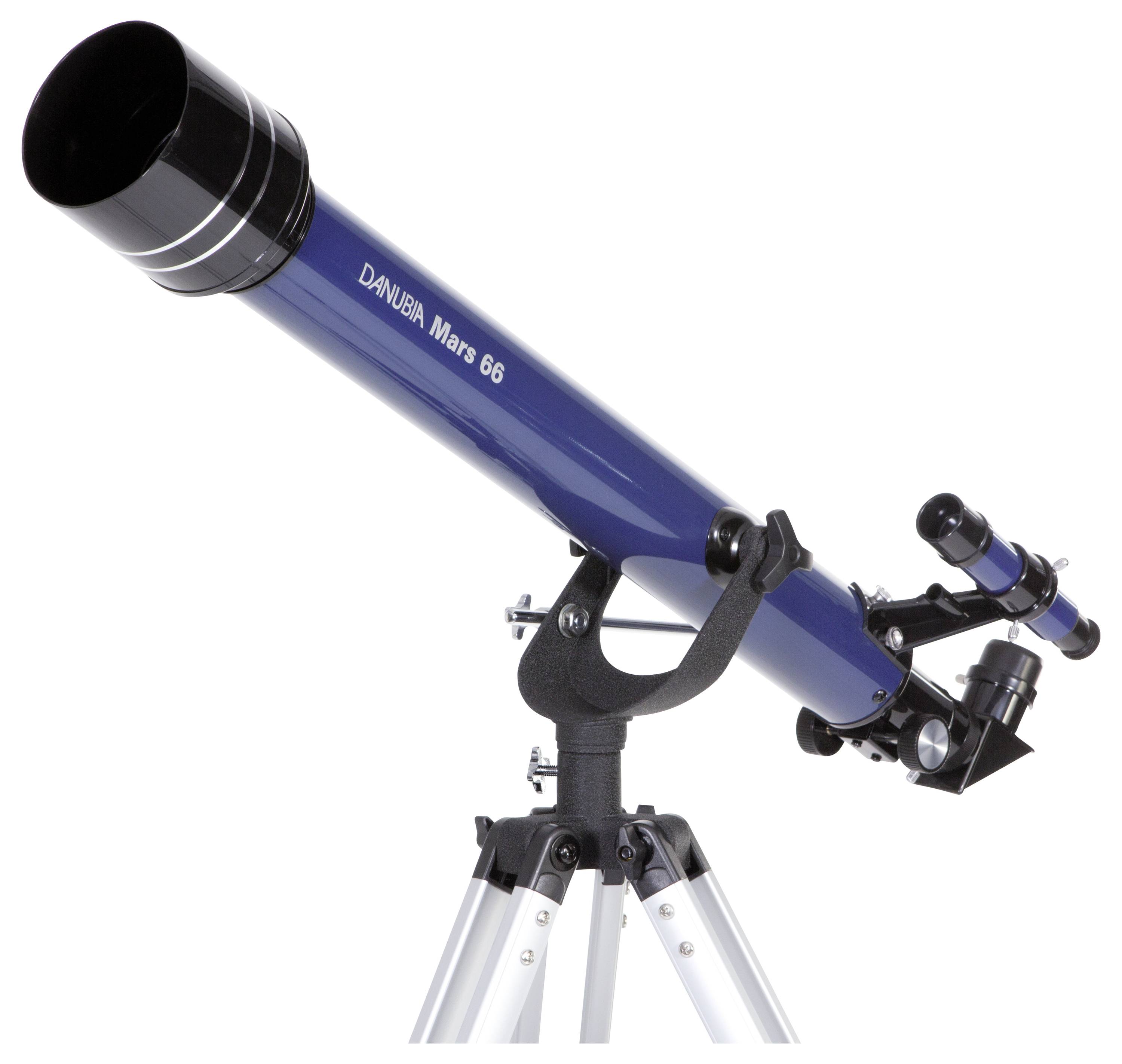 Blauw telescoopmodel 'DANUBIA Mars 66' op statief, geschikt voor hemelwaarnemingen.