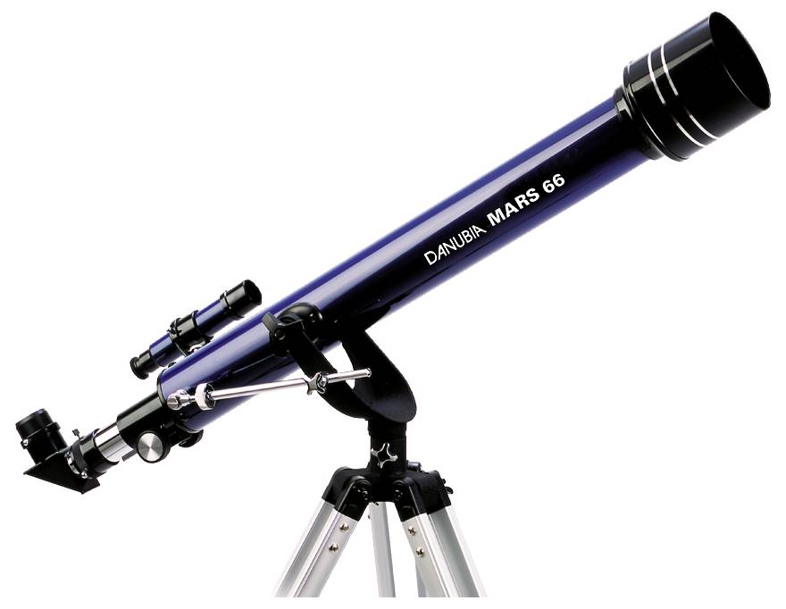 Blauwe telescoop op statief met opschrift 'DANUBIA MARS 66', geschikt voor astronomische waarnemingen.