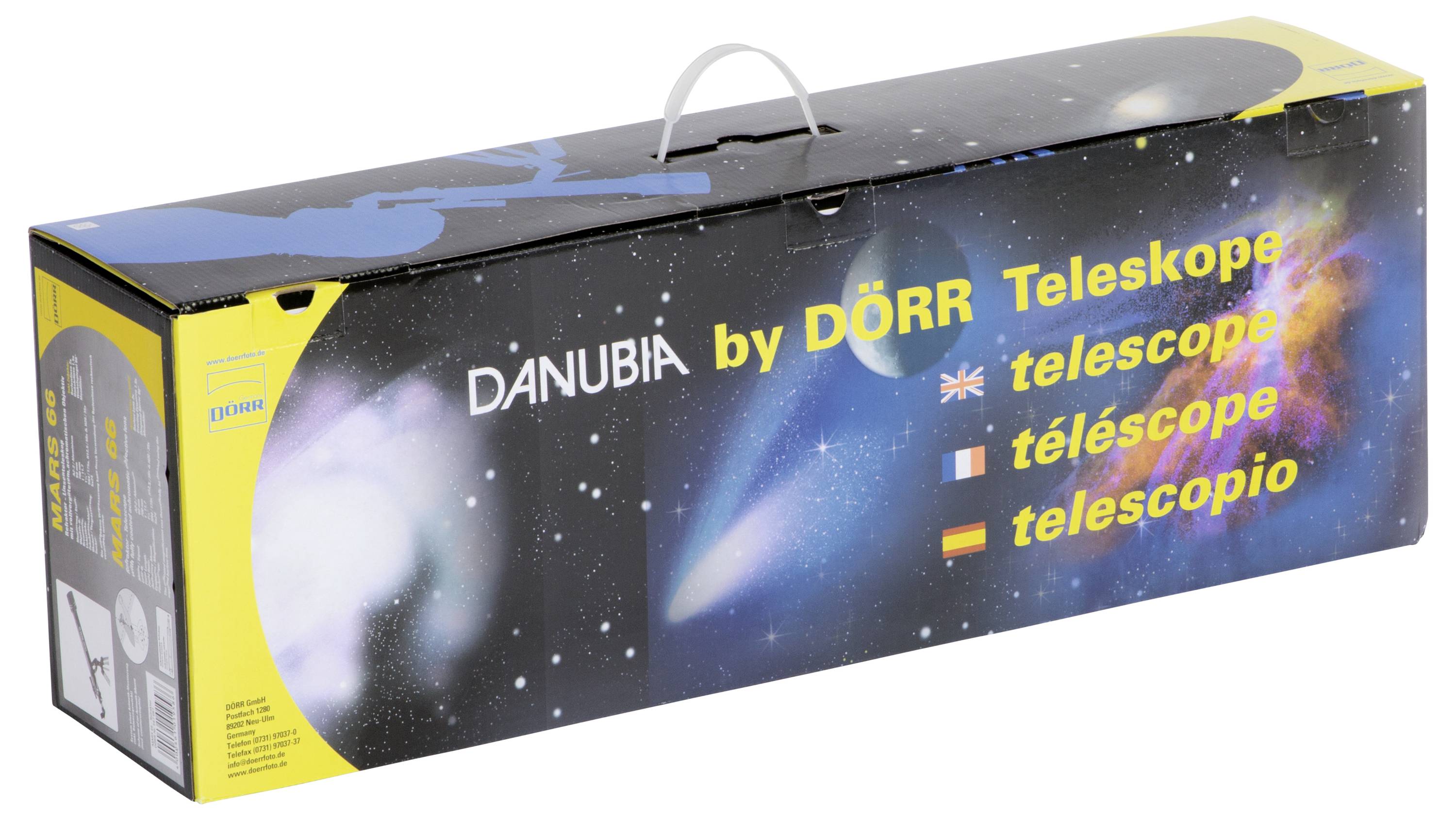 Verpakking van een Danubia by Dörr telescoop met afbeeldingen van hemellichamen en het woord 'telescoop' in drie talen.