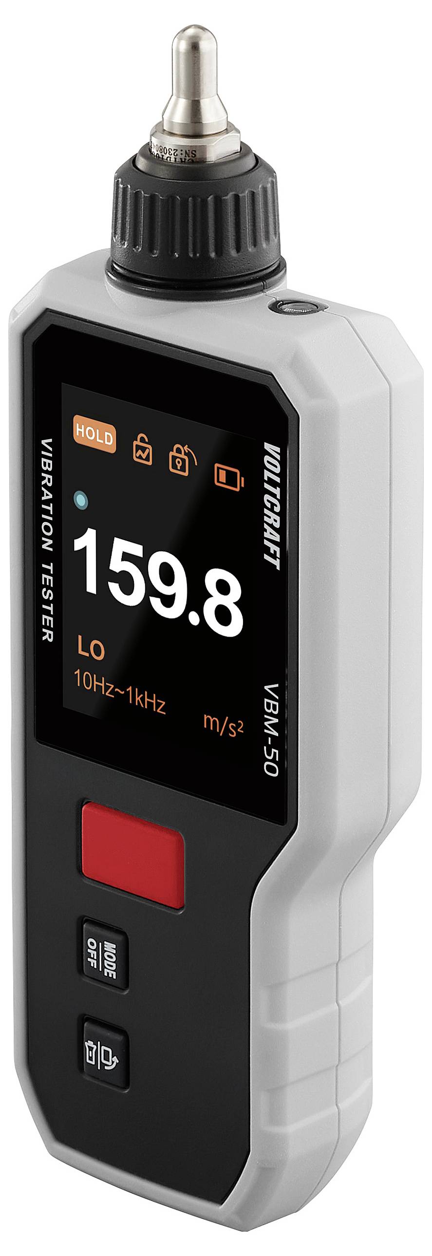 Handheld trillingmeter met aflezing '159,8' met knoppen met de labels 'HOLD' en 'ON'. Behuizing in zwart en wit met een metalen sensortip.