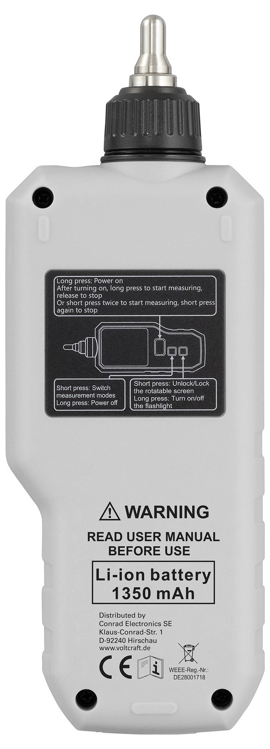 'Apparaat met een mondstuk, waarschuwingsetiket adviseert handleiding te lezen voor gebruik, gevoed door een 1350 mAh Li-ion batterij, witte behuizing.'