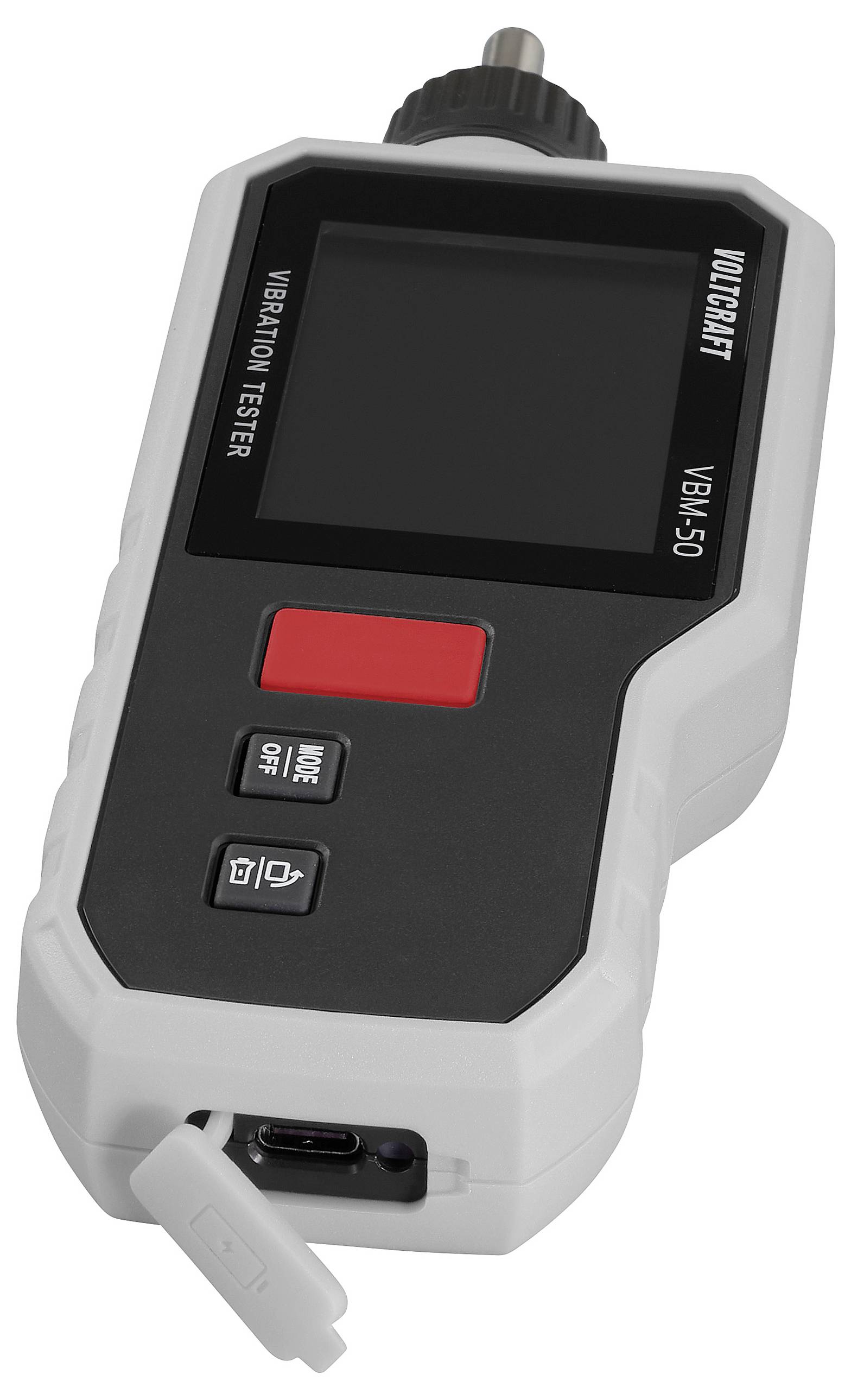 Handheld trillings-meetapparaat met een groot scherm, knoppen voor 'Modus', 'Uit' en 'Verlichting', en een USB-poort, gebruikt voor het meten van trillingen.