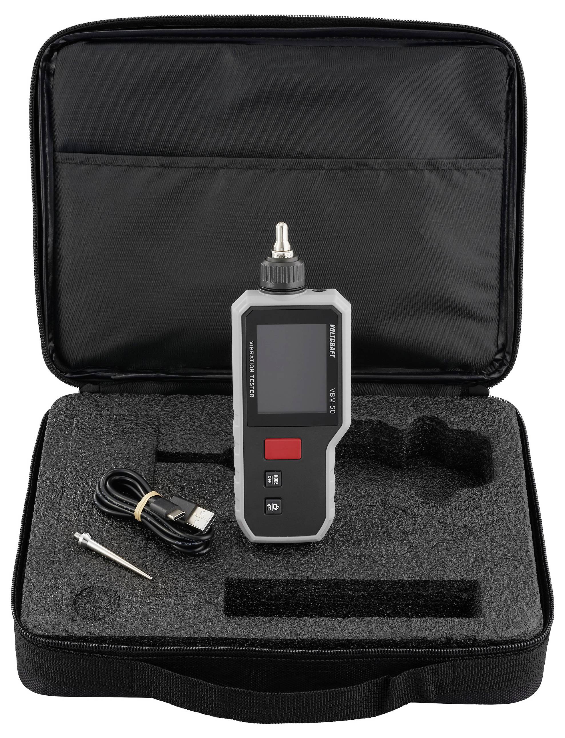 'Digitale bandenspanningsmeter in een harde behuizing met schuimvulling. Inclusief afneembare nozzle en USB-oplaadkabel.'