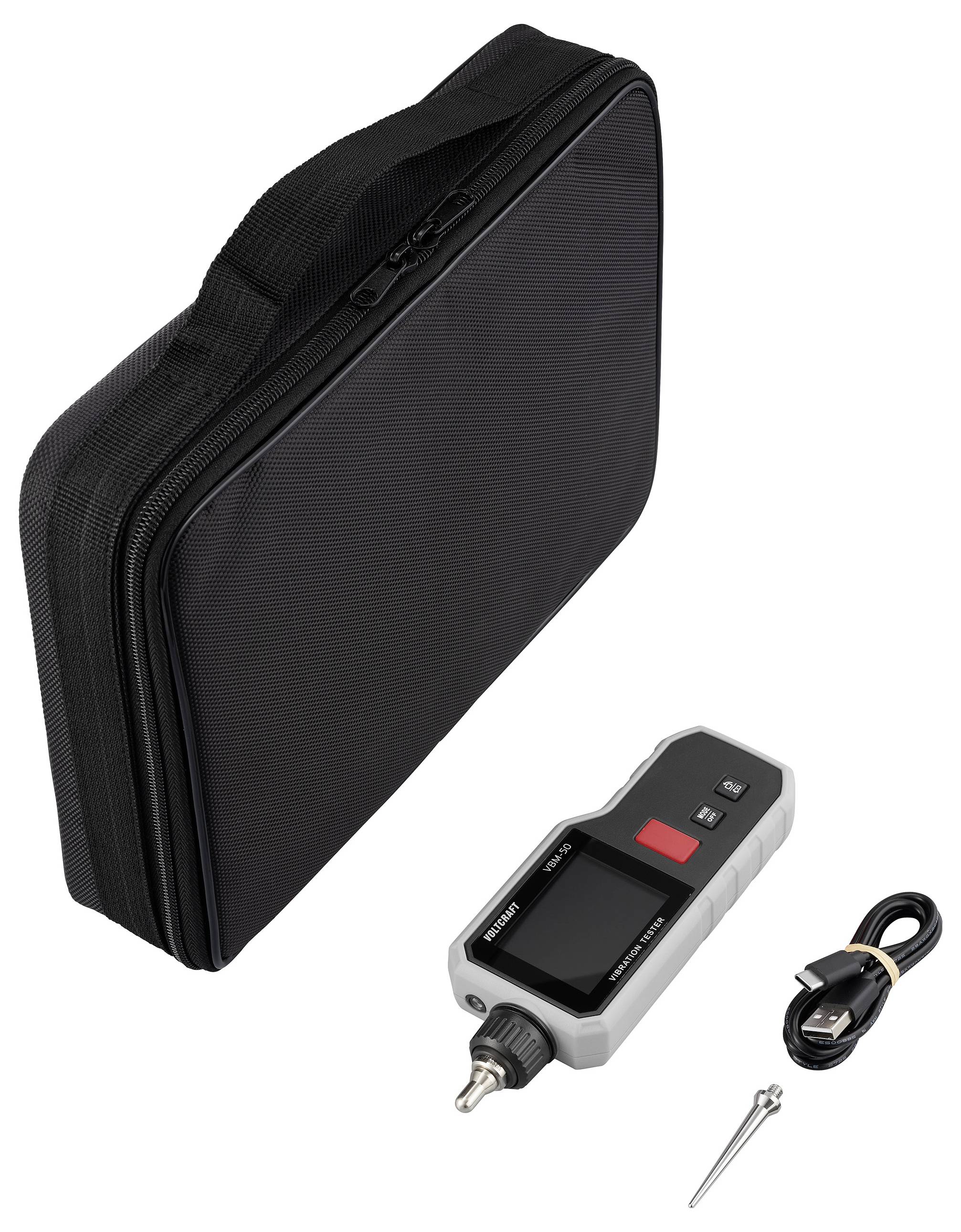 Een digitale bandenspanningsmeter set bevat de meter, een draagtas, een mondstuk en een USB-kabel, ontworpen voor het nauwkeurig meten van de bandenspanning.