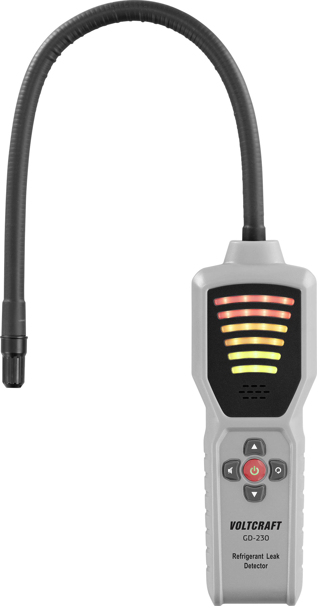 Elektronisch lekdetectieapparaat met flexibele zwanenhals, LED-indicatoren voor leksterkte, bedieningselementen in het midden. Merknaam 'Voltcraft'.