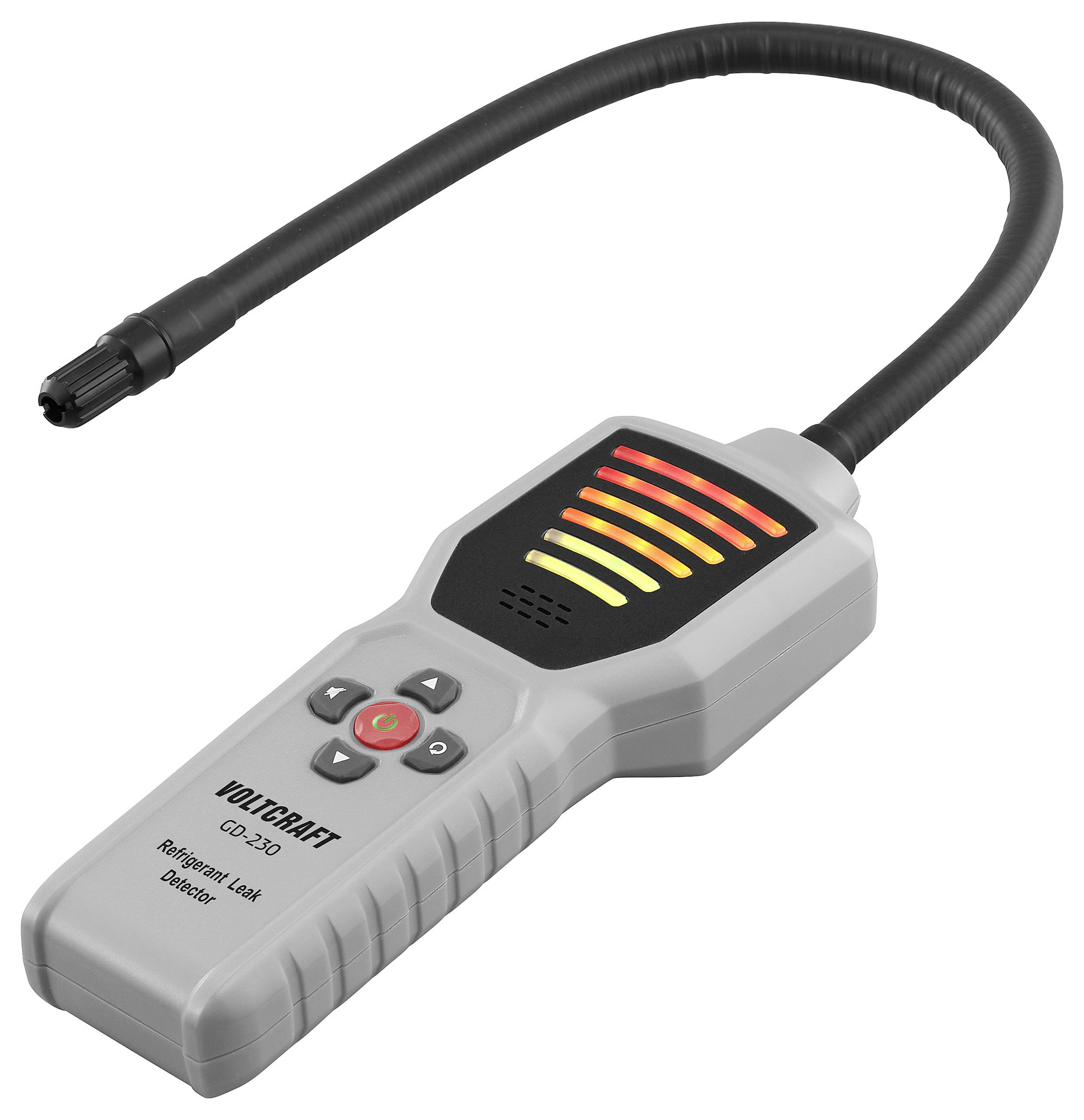 Een draagbare lekdetector voor koudemiddel met een flexibele sonde vertoont gekleurde LED-balken die het niveau van gedetecteerde gassen aanduiden.