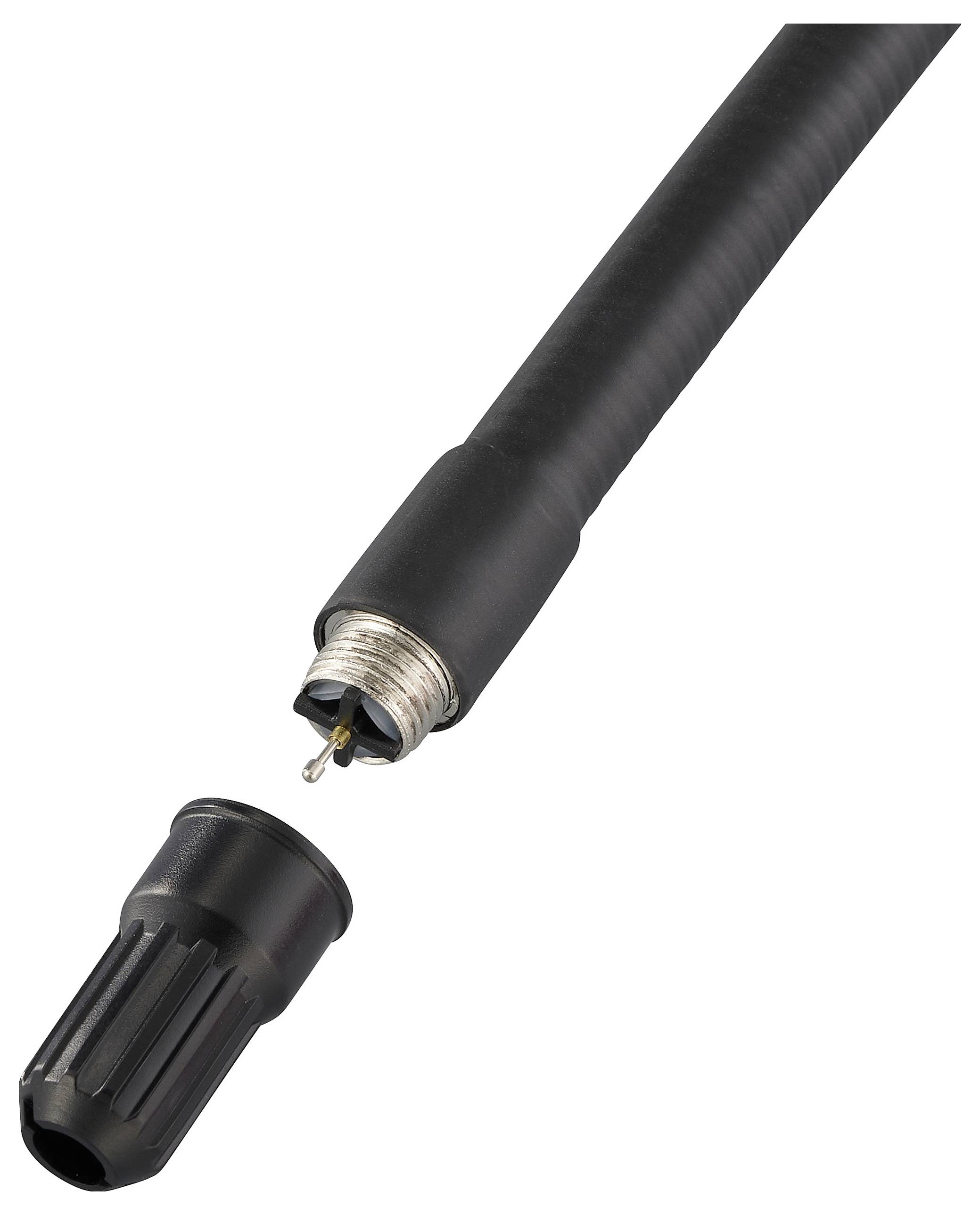Een zwarte, cilindrische connector met een geschroefd metalen uiteinde en een afneembare dop; gebruikt voor het beveiligen van verbindingen in elektronische apparaten.